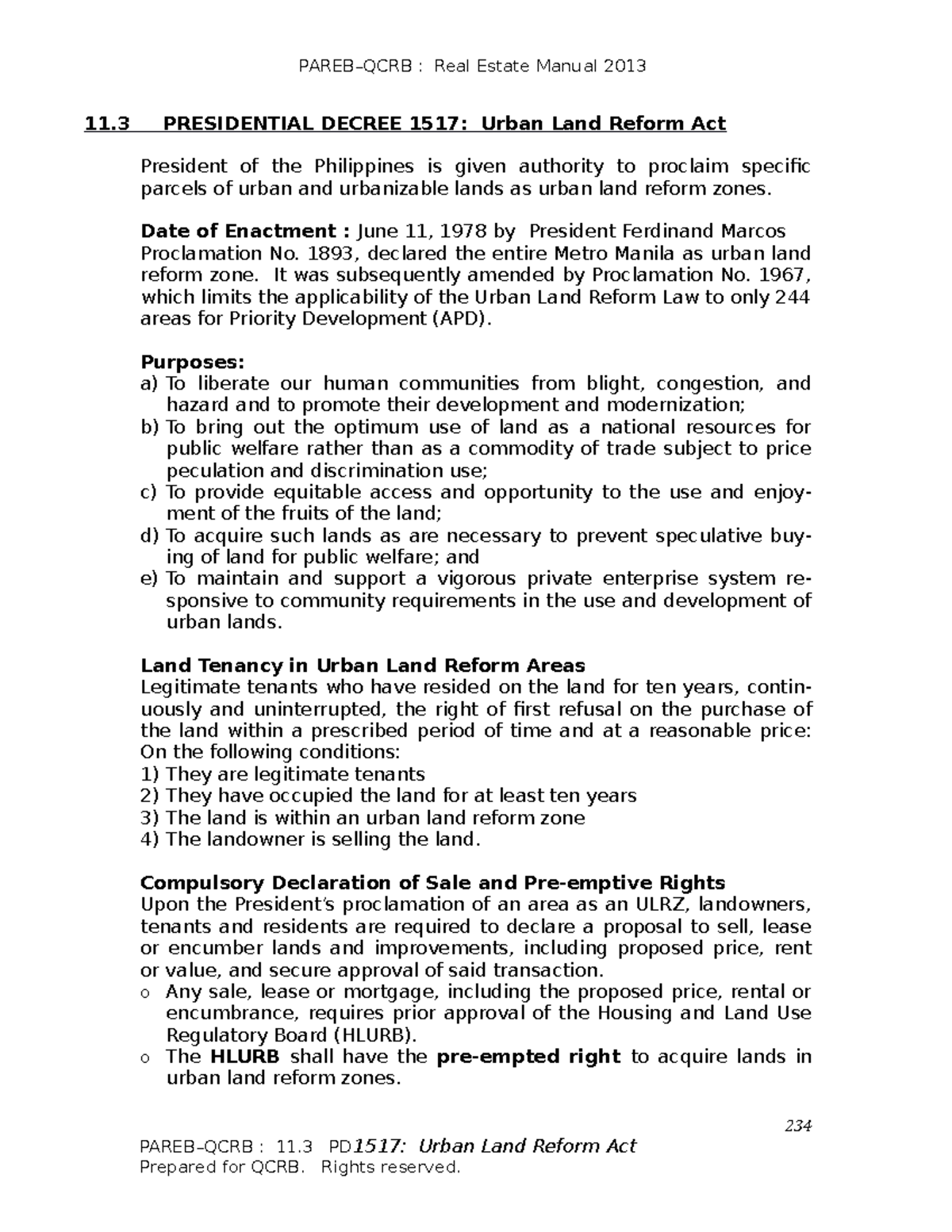 Cres Subj 11.3 PD1517 Urban Land Reform Act pg 234235 PAREB QCRB