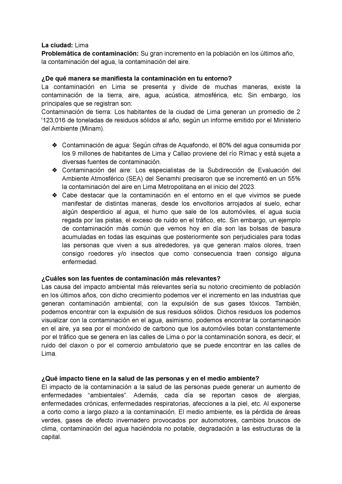 Individuo - tarea - La ciudad: Lima Problemática de contaminación: Su ...