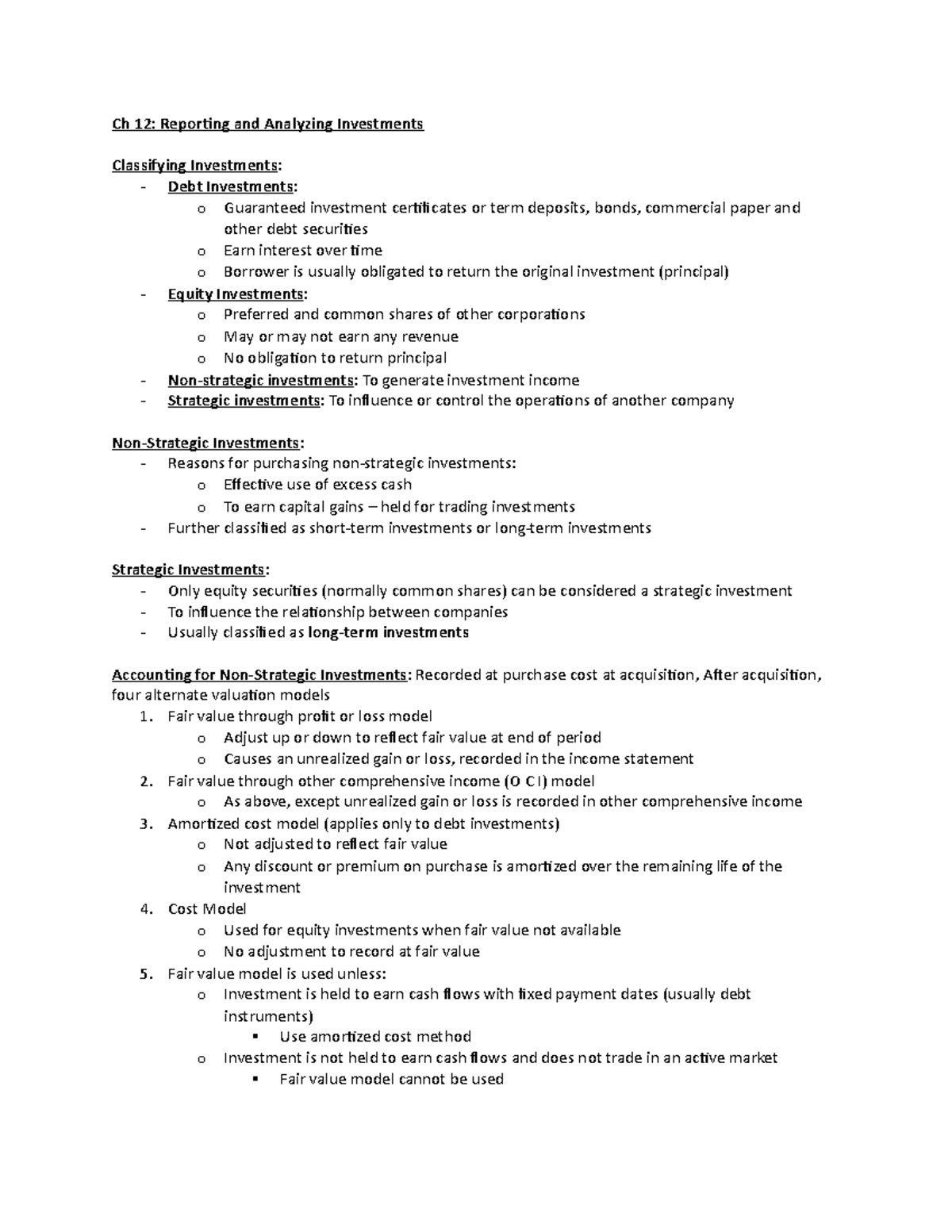Accounting Chapter 12 Ch 12 Reporting and Analyzing Investments