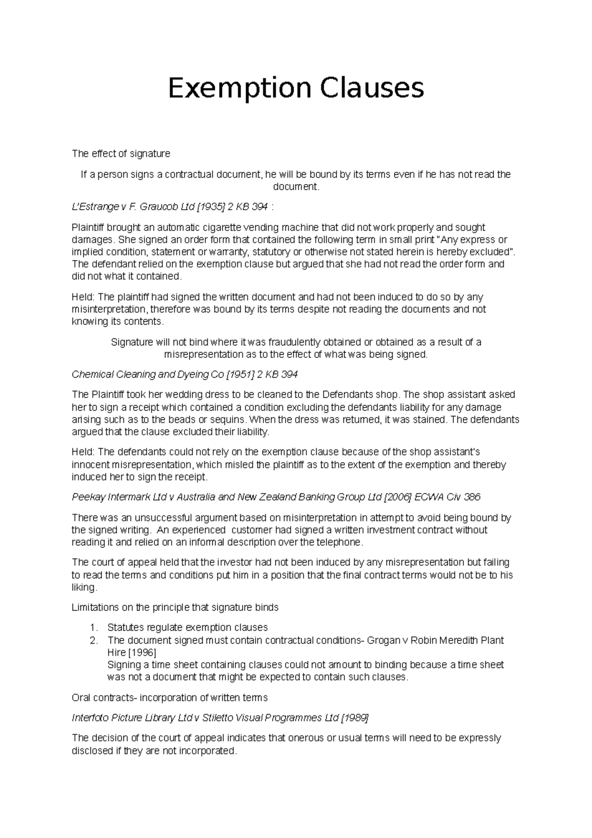 Exemption Clauses contract Exemption Clauses The effect of