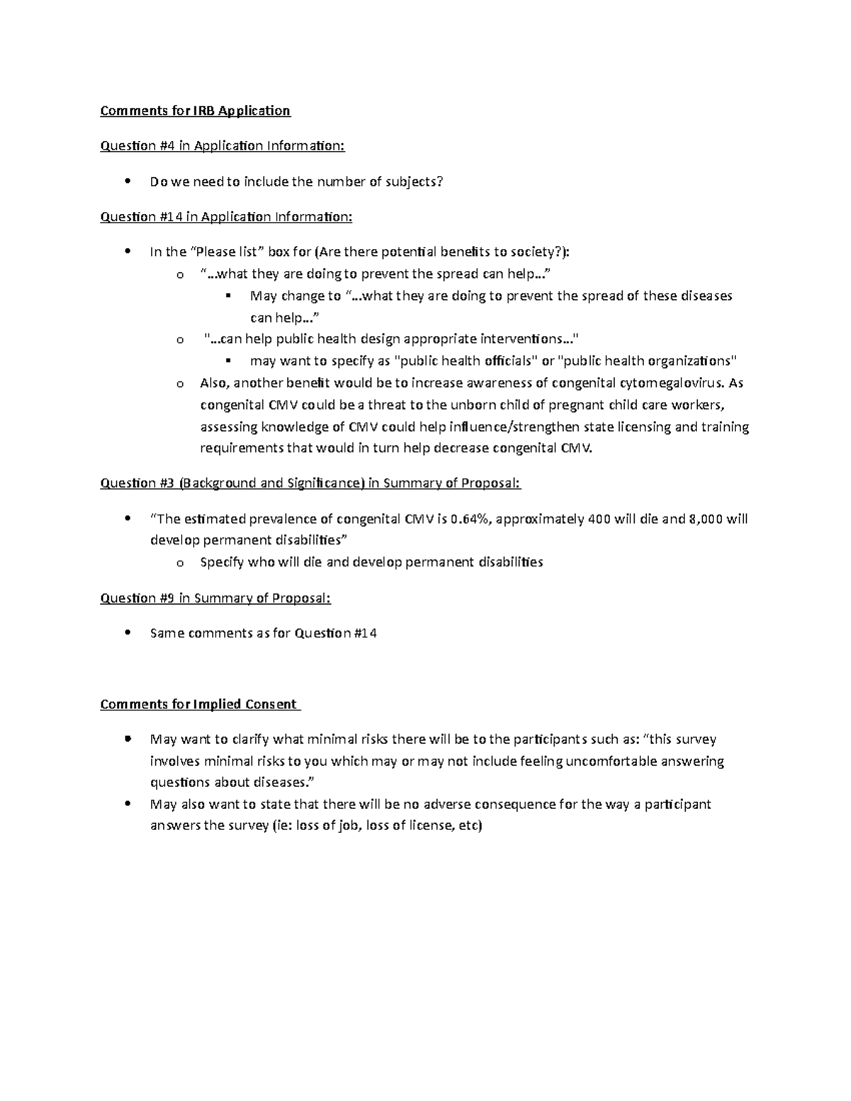 IRB Application & Implied Consent Notes - Comments for IRB Application ...
