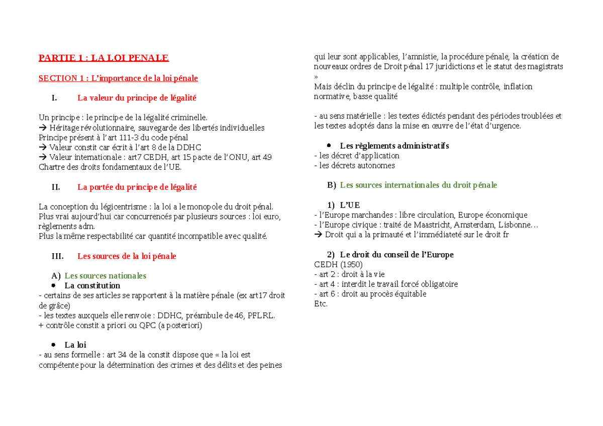 Fiche 1 - PARTIE 1 : LA LOI PENALE SECTION 1 : L’importance de la loi