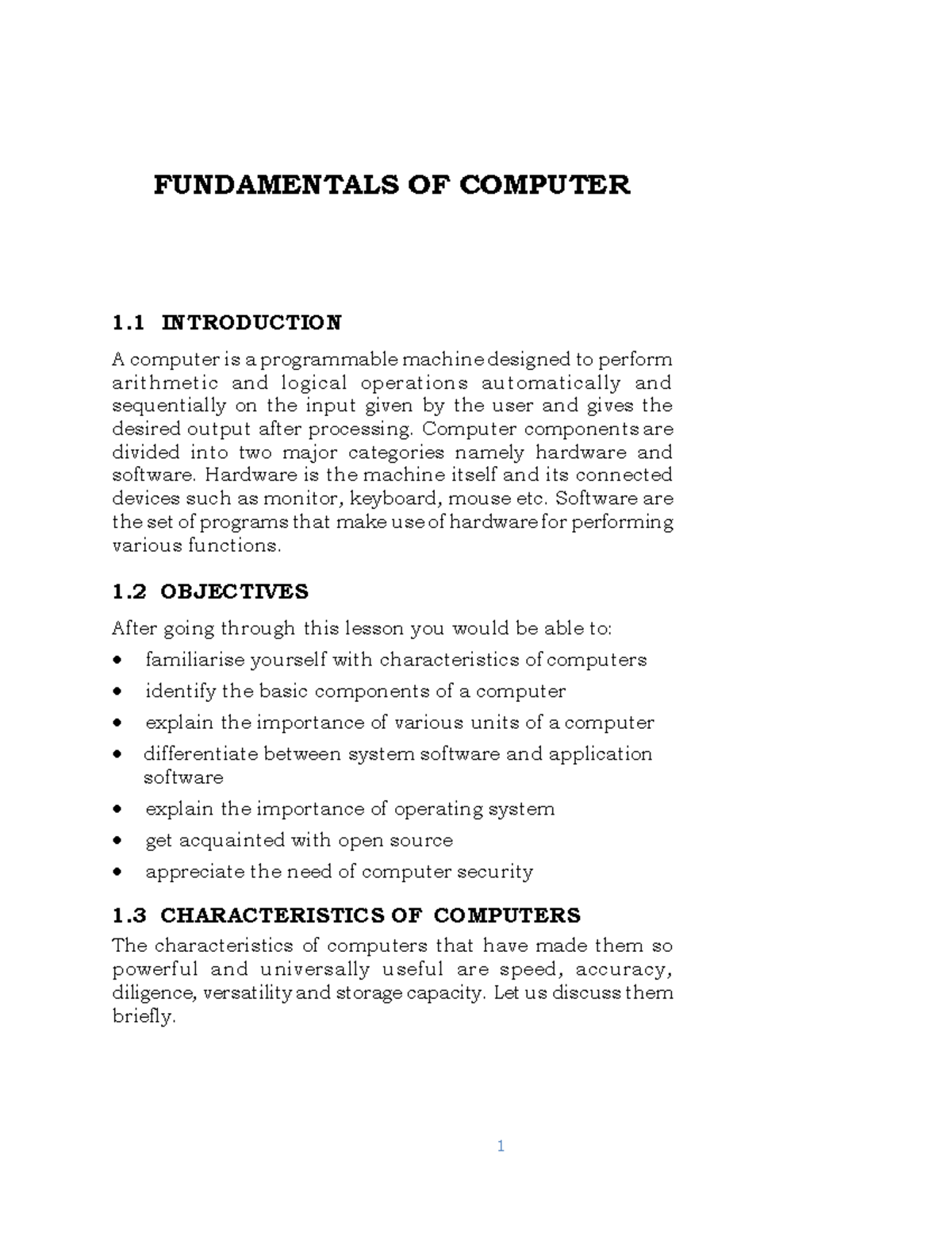 Fundamentals OF Computer - 1 FUNDAMENTALS OF COMPUTER 1 INTRODUCTION A ...