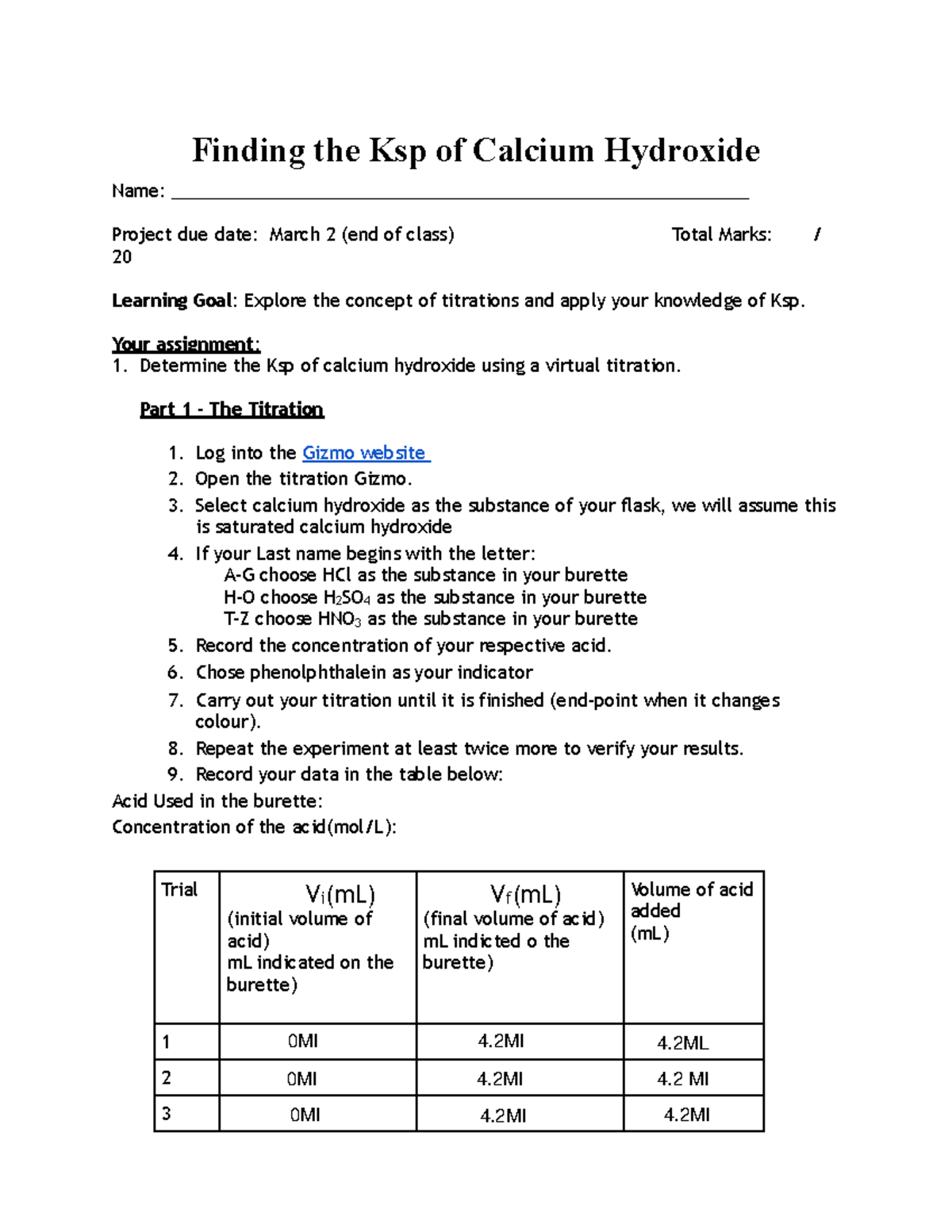 Ksp CCA- 4U - Chemistry Work Practice - Finding The Ksp Of Calcium ...