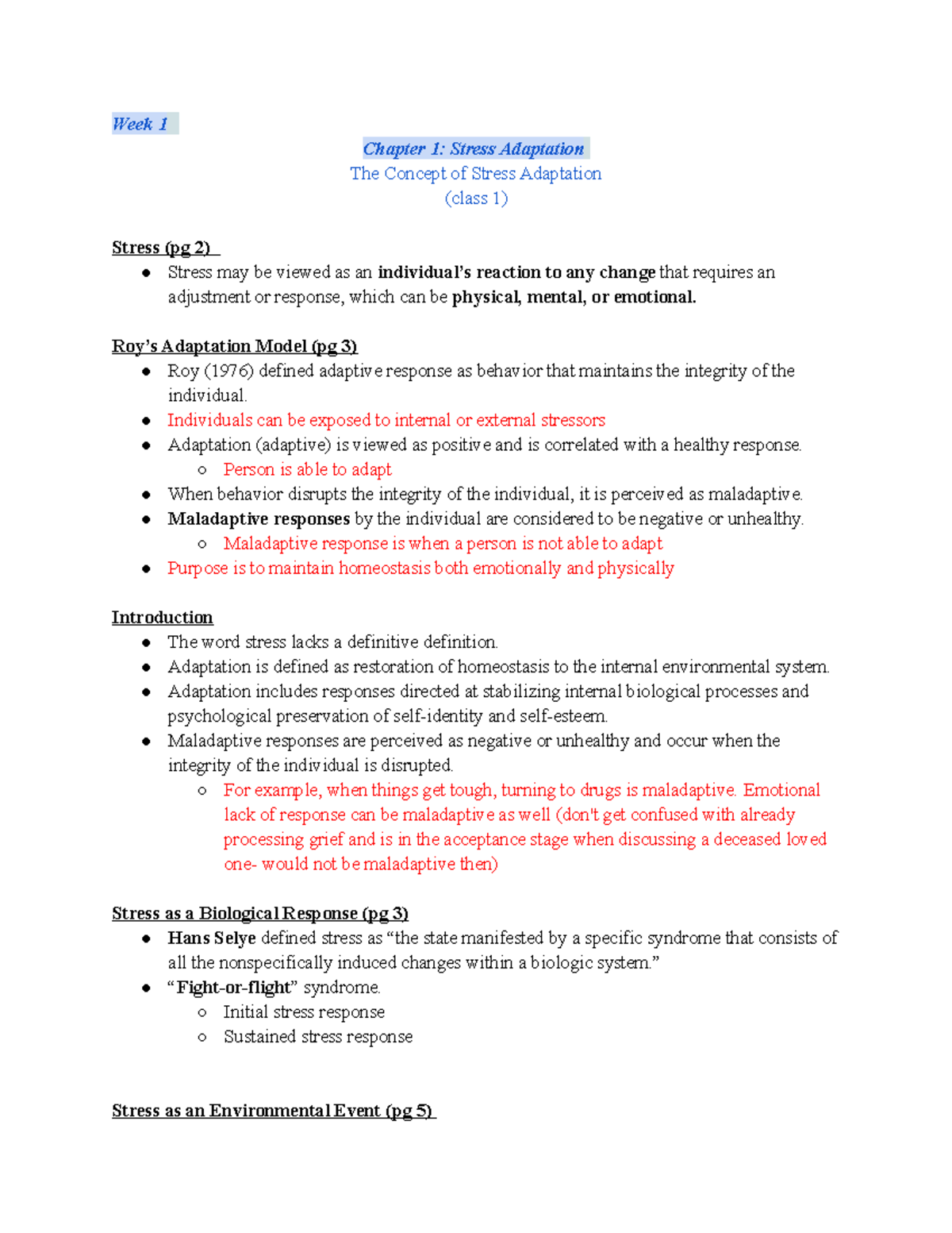 Psych Exam 1 Stress Adapt - Week 1 Chapter 1: Stress Adaptation The ...