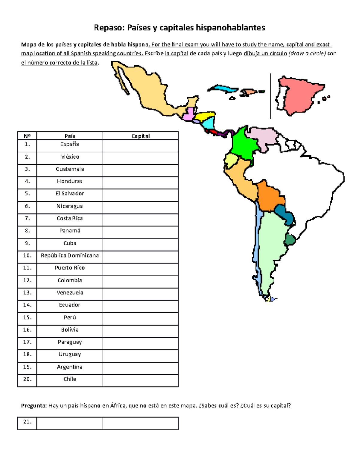 Map Study Guide Mapa De Los Pa Ses Y Capitales De Habla Hispana For The Final Exam You