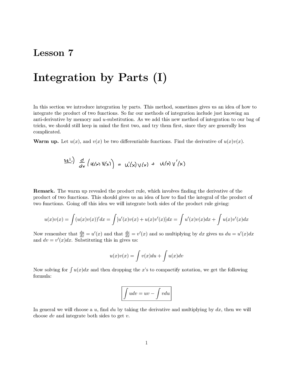 Integration By Parts Part 1 Lesson 7 Integration By Parts I In This Section We Introduce 0806