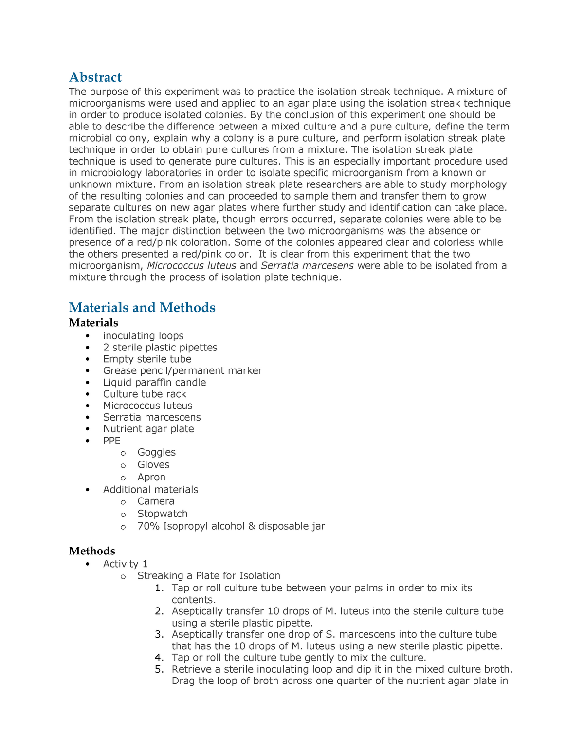 Isolation Streak Plate Technique Lab Report Bio 204 Microbiology Studocu