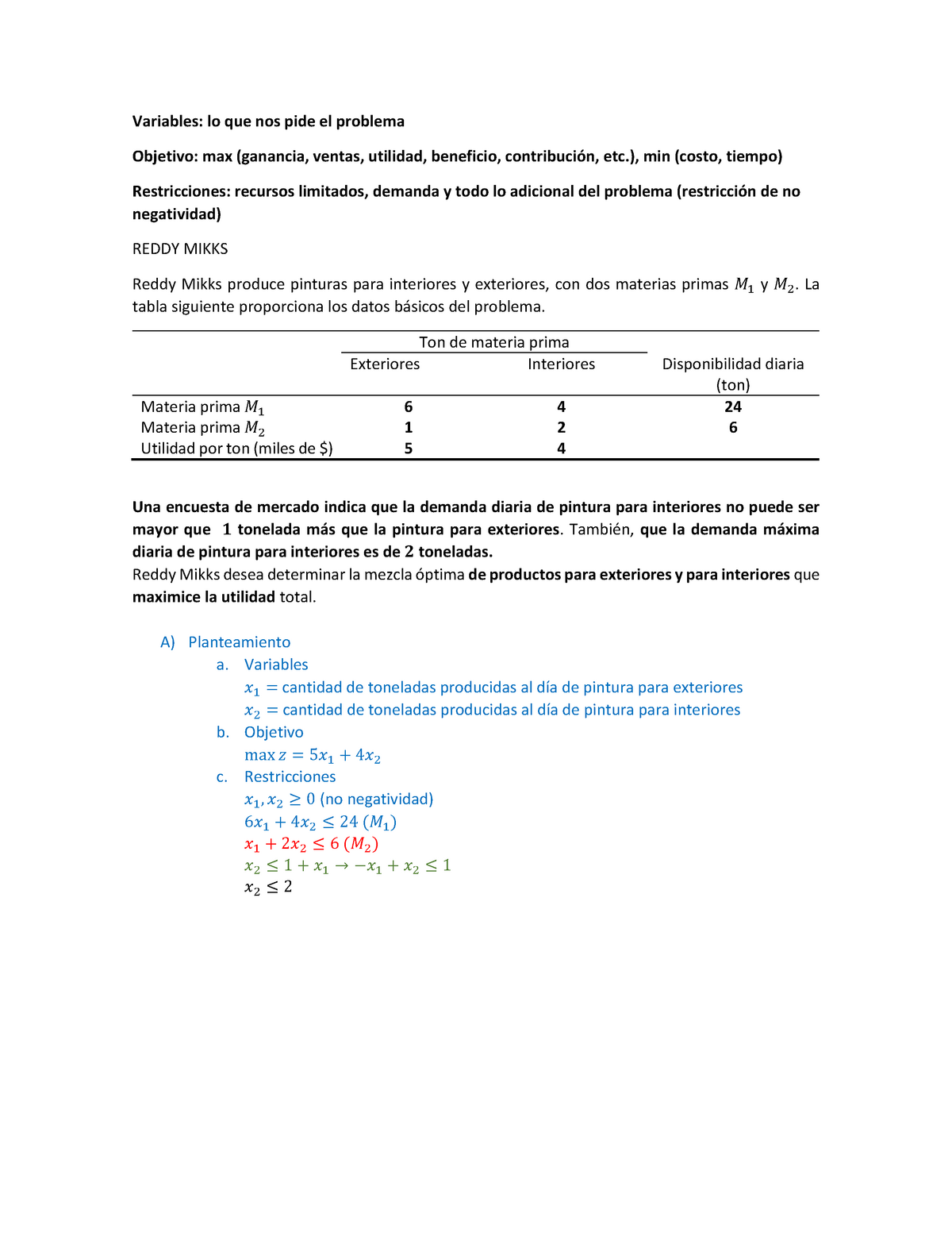 Reddy Mikks - Ejercicio de modelos de optimizacion - Optimización - UACH -  Studocu