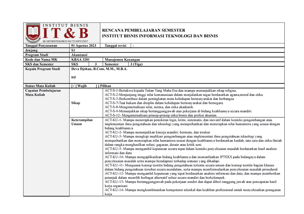 RPS Manajemen Keuangan - RENCANA PEMBELAJARAN SEMESTER INSTITUT BISNIS ...