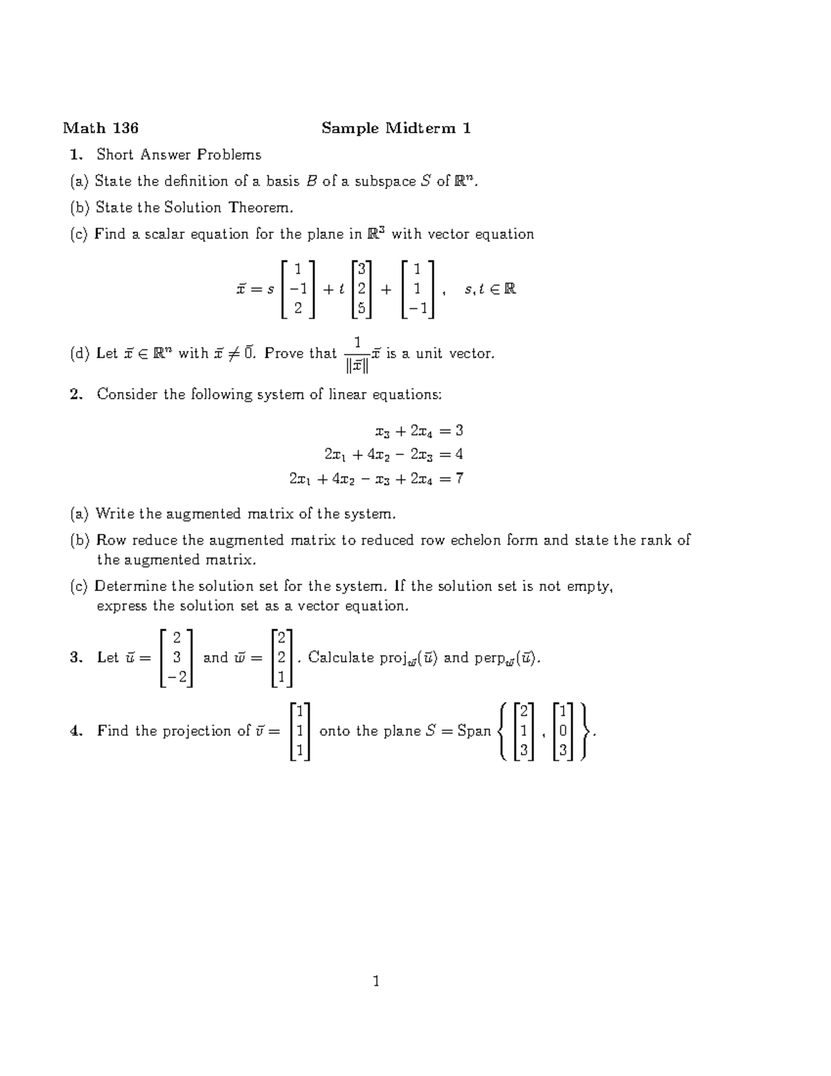 Midterm exam 1 1 February 2019, questions - Math 136 Sample Midterm 1 1 ...