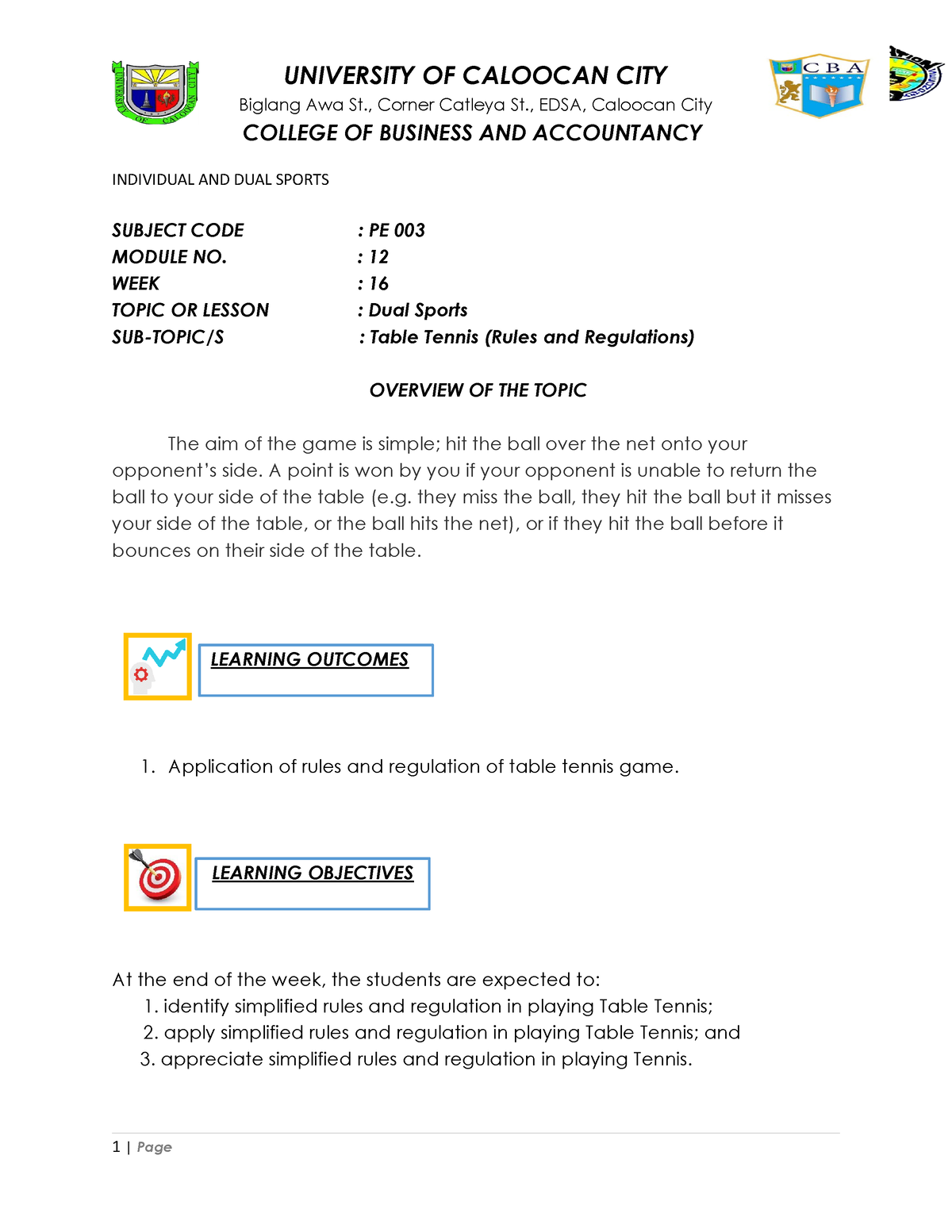 PE003 CBA Module 12 Week 16 Table Tennis Rules And Regulations 1 ...