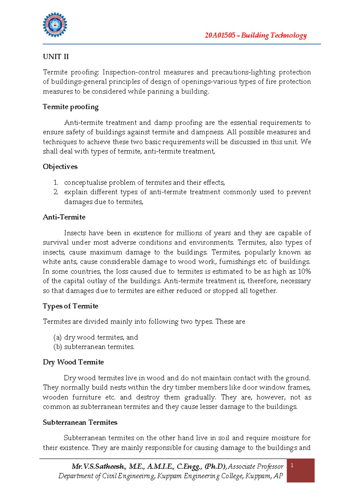 UNIT 2 Notes Building technology - Mr.V.S., M., A.M.I., C., (Ph ...