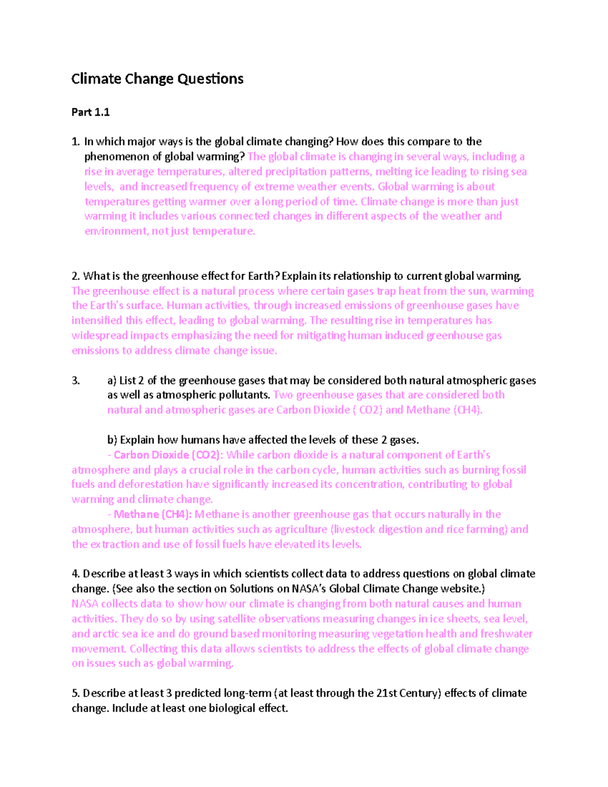 Climate Change Lab Questions - Climate Change Ques/ons Part 1. In which ...