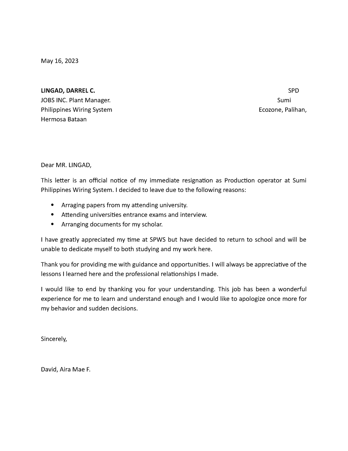 Resignation Letter - May 16, 2023 LINGAD, DARREL C. SPD JOBS INC. Plant ...