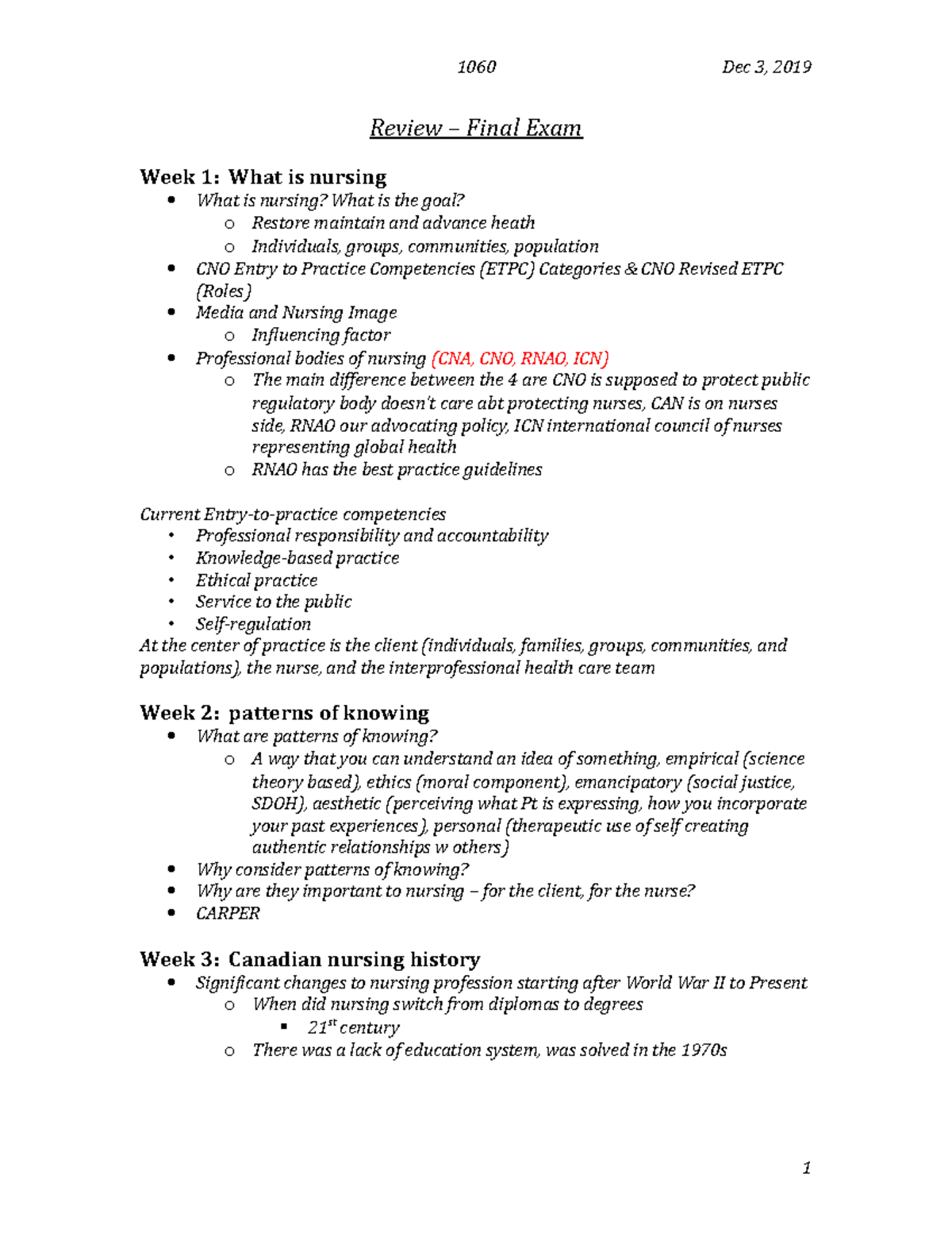 C1060-Review Final Exam - 1060 Dec 3, 2019 Review – Final Exam Week 1 ...