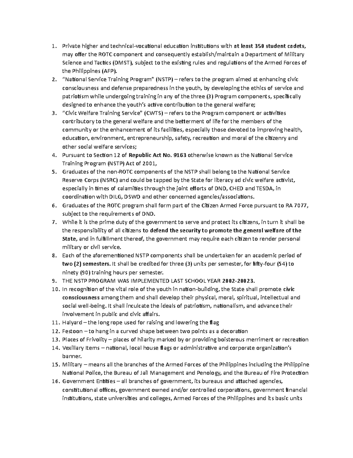 Nstp questions compilations - Private higher and technical-voca琀椀onal ...