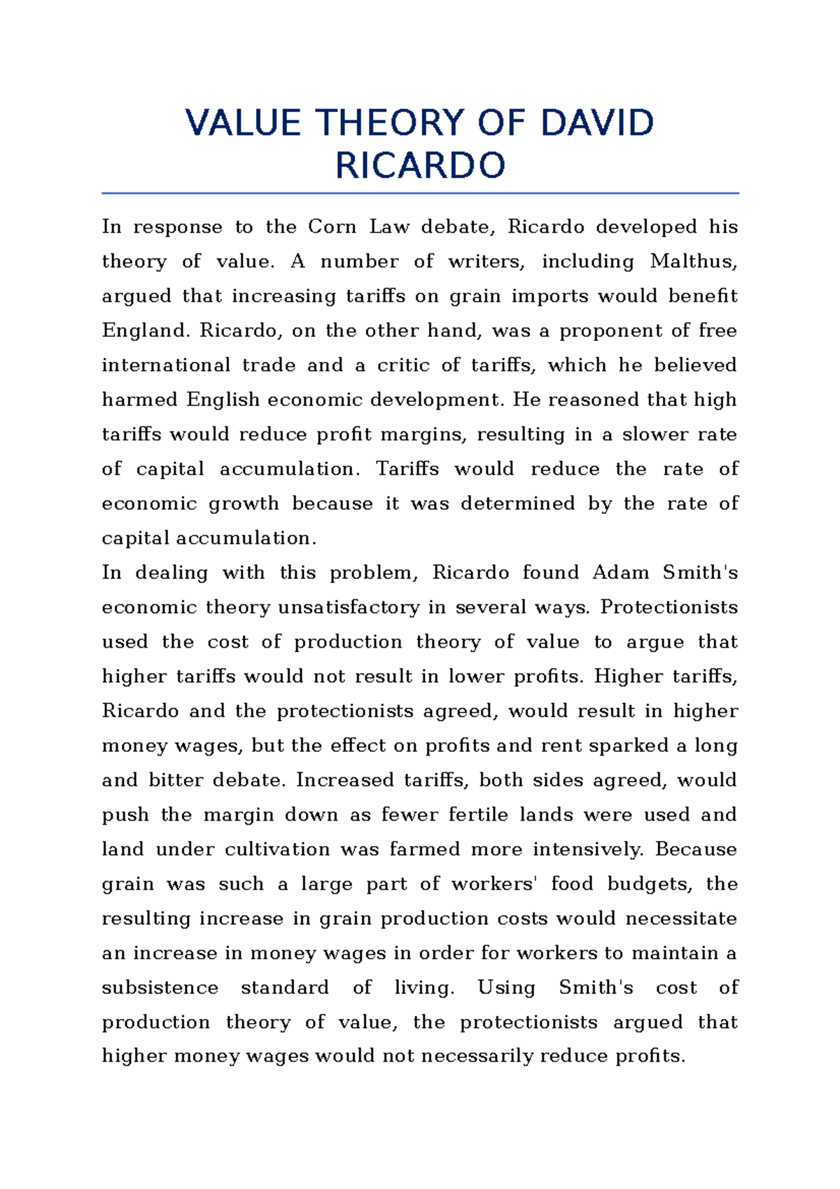 Value Theory OF David Ricardo VALUE THEORY OF DAVID RICARDO In