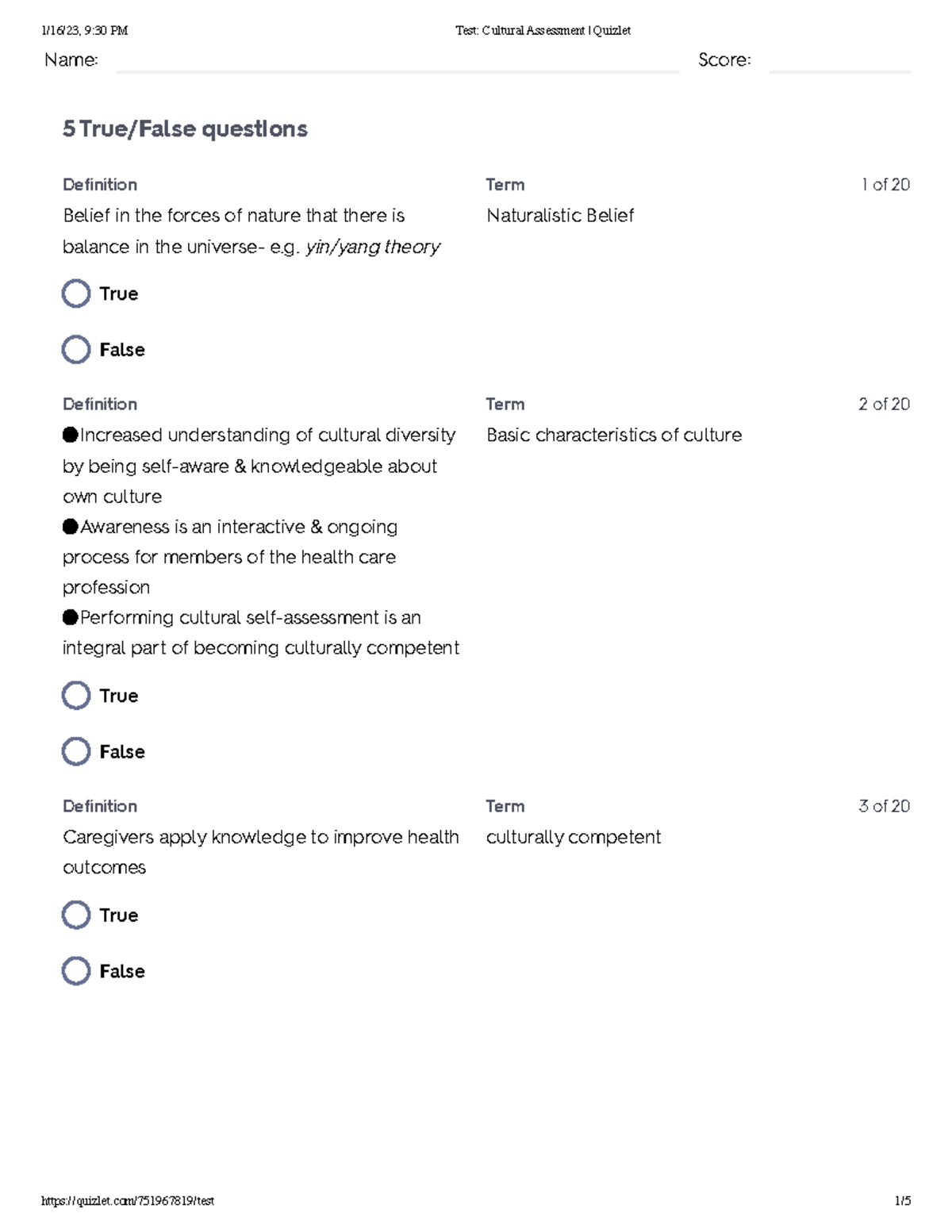 test-cultural-assessment-quizlet-name-score-5-true-false-questions