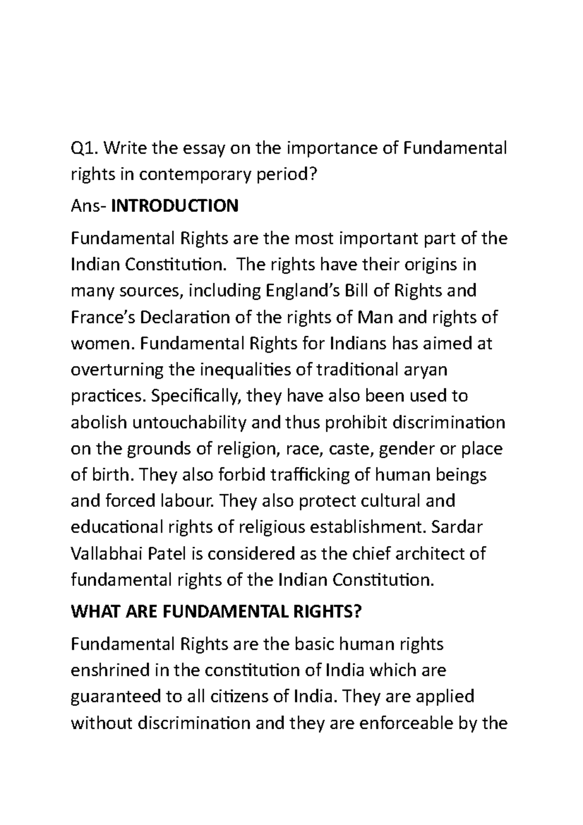 Fundamental rights in contemporary periods - Q1. Write the essay on the ...