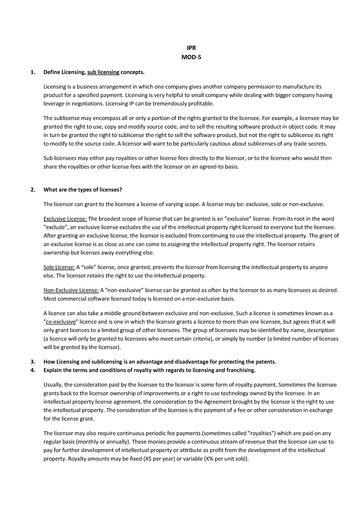 Module-5 - Solutions to Question Bank - IPR MOD- Define Licensing, sub ...