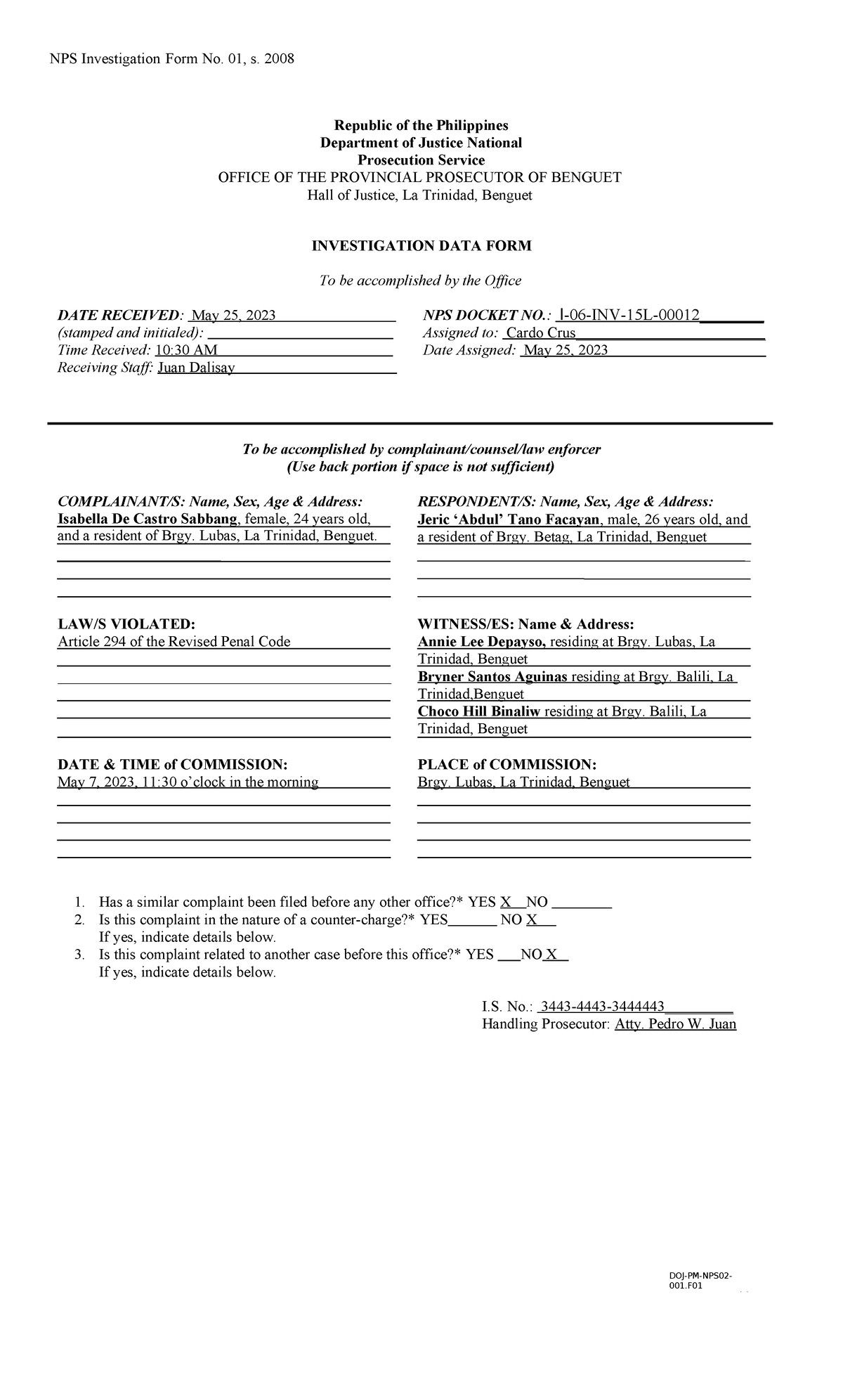 B. Investigation Data Form Format - NPS Investigation Form No. 01, S ...