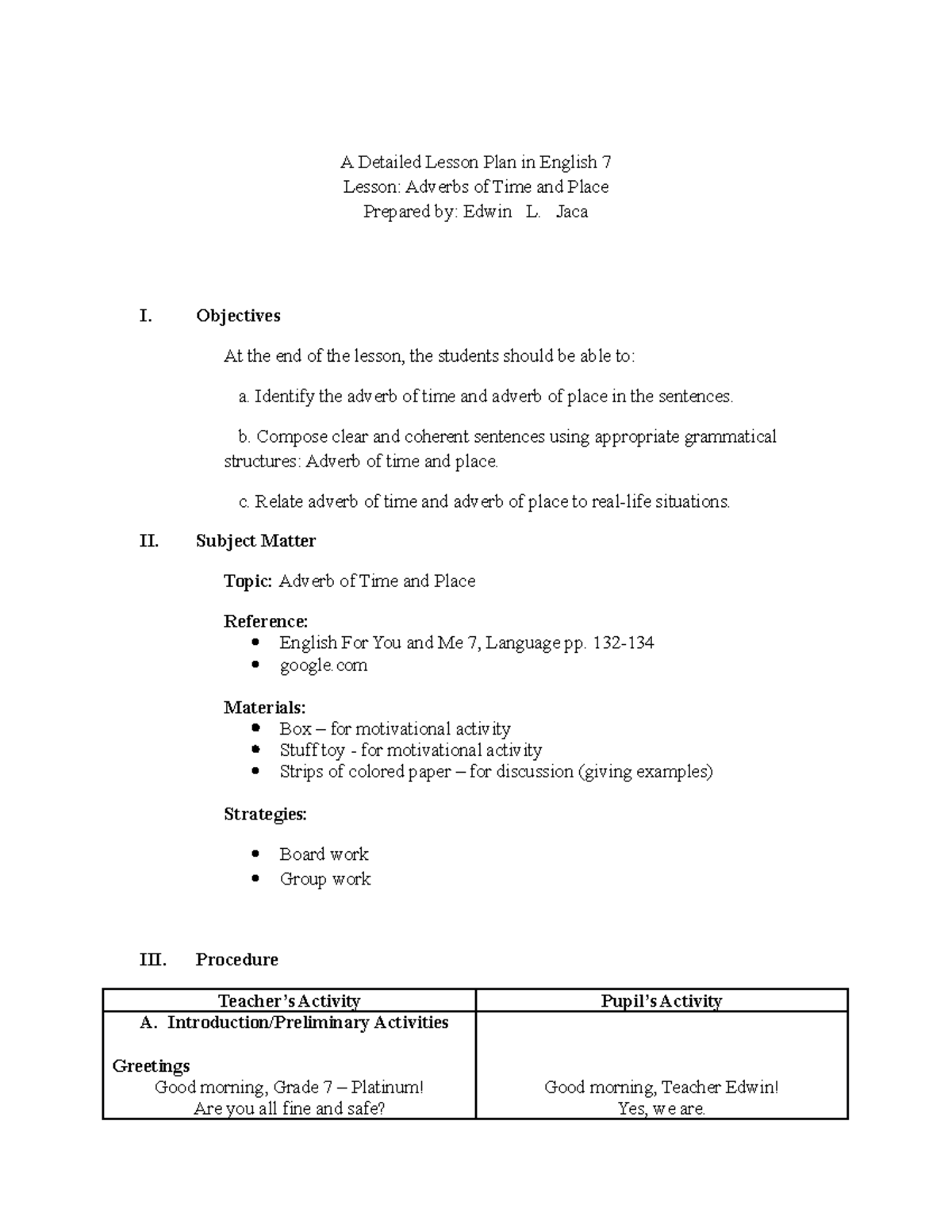 Demo for ELT Bitco - Notes - A Detailed Lesson Plan in English 7 Lesson ...