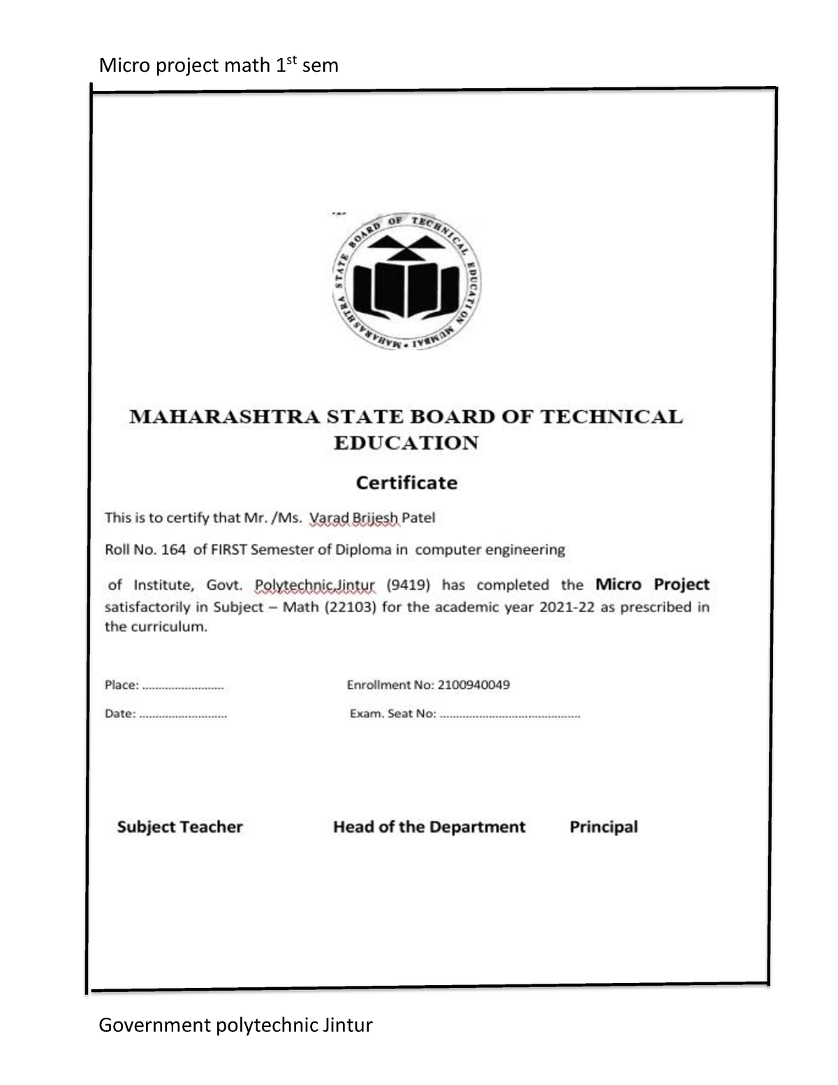 (math Project) -164 Varad Brijesh Patel - MAHARASHTRA STATE BOARD ...