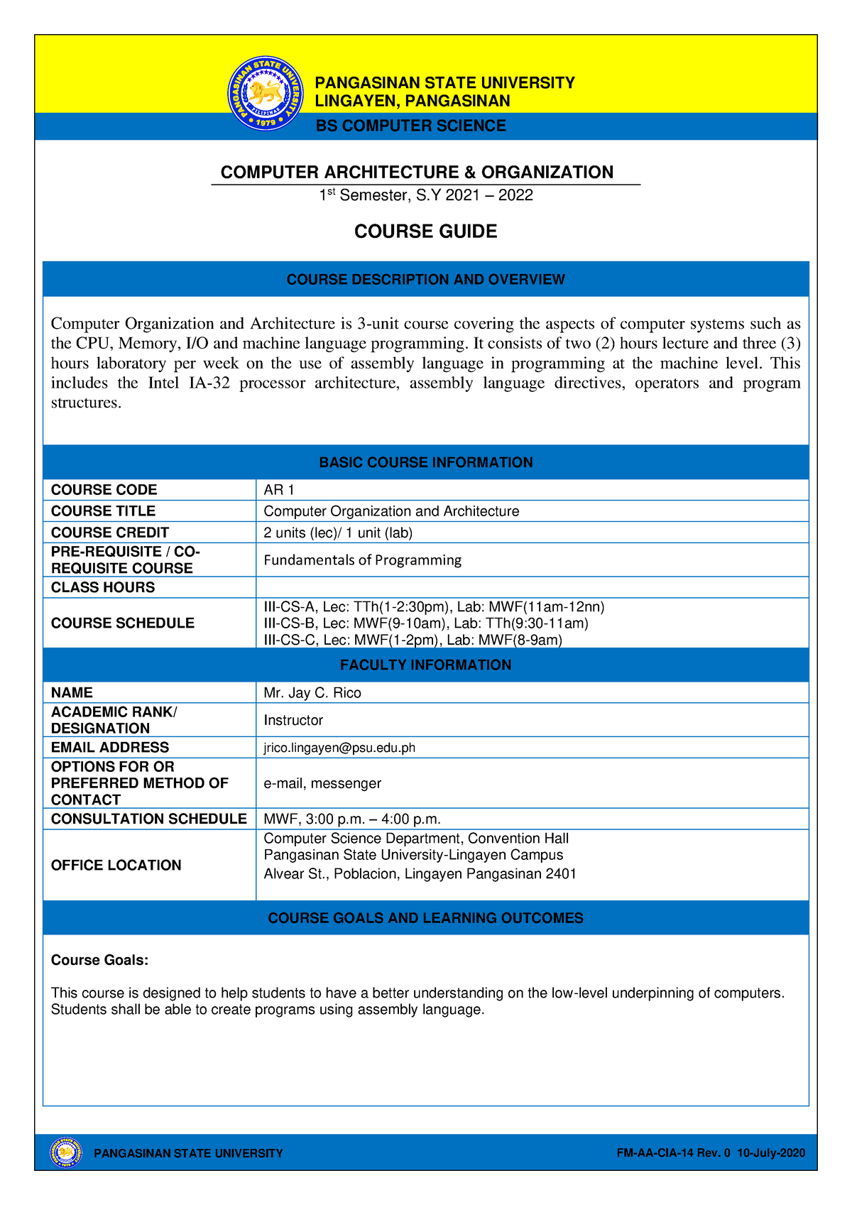 Course Guide - Comp Org - 1 PANGASINAN STATE UNIVERSITY COURSE GUIDE IN