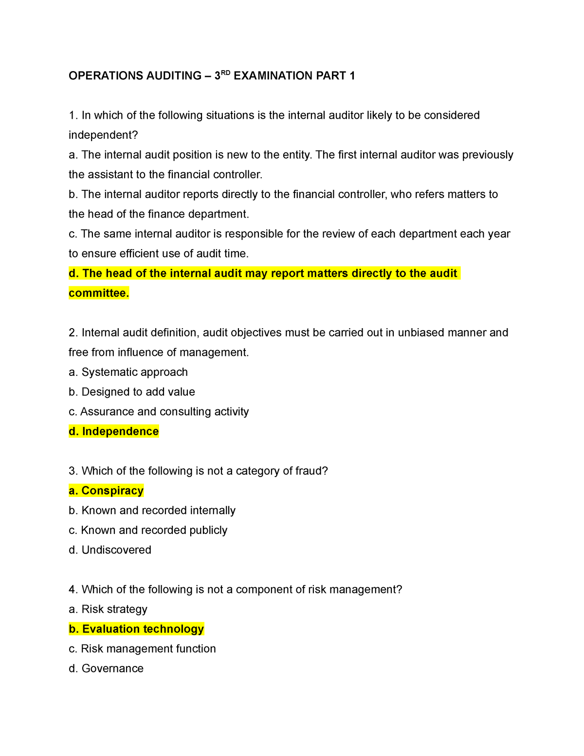 Operations Auditing – 3RD Examination PART 1 - OPERATIONS AUDITING ...