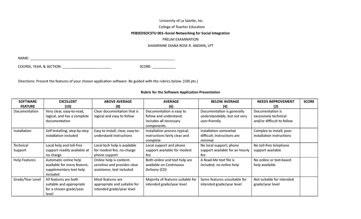 Prelim Examination Pebsedsocstu 001 - University of La Salette, Inc ...