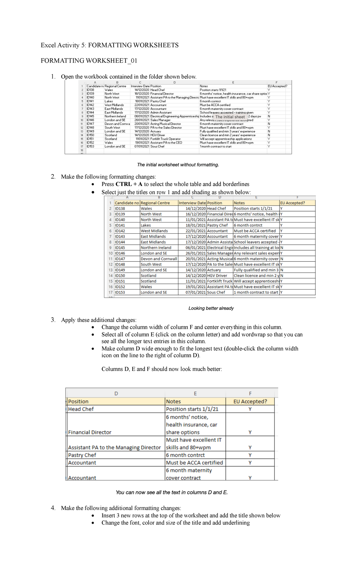 Formatting Worksheet Activity - Excel Activity 5 : FORMATTING ...