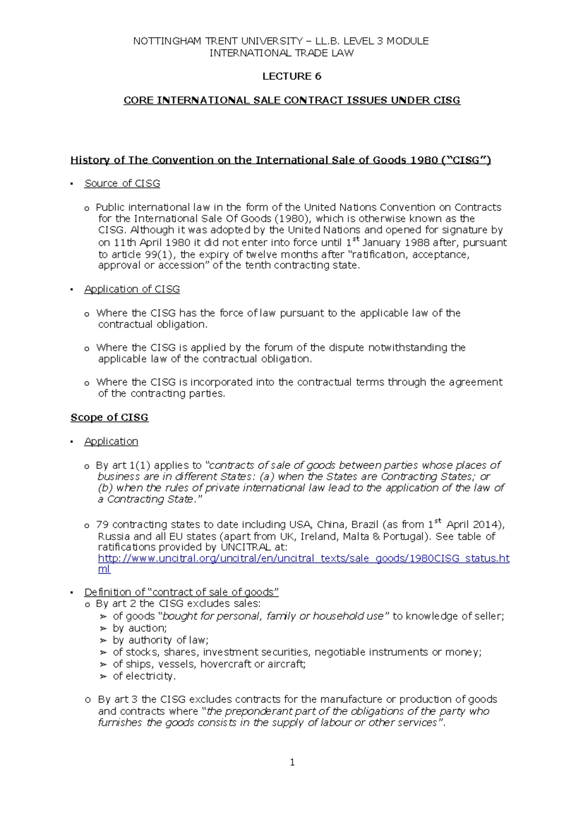 Lecture 6 - Core International Sale Contract Issues Under CISG ...