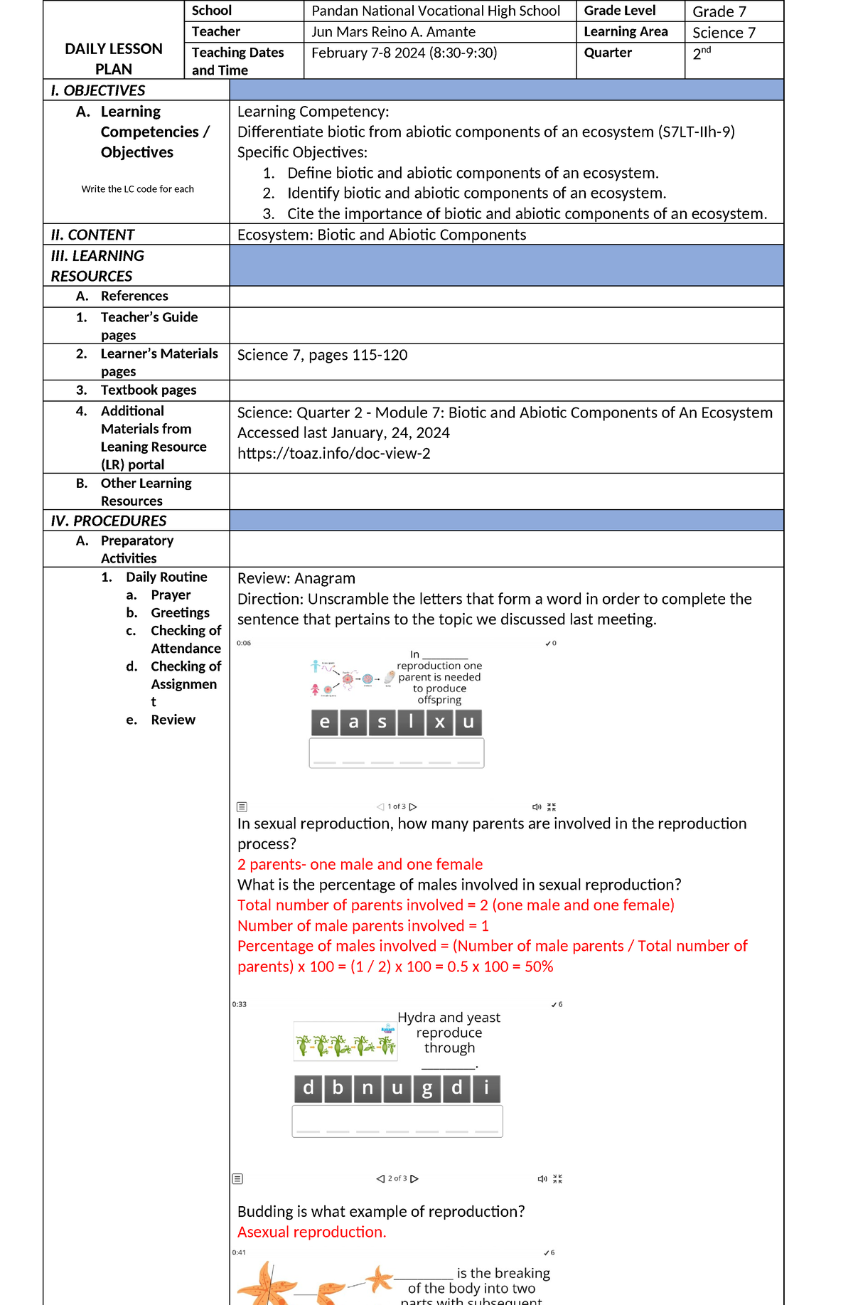 DLP Q2 Science 7 - DAILY LESSON PLAN School Pandan National Vocational ...