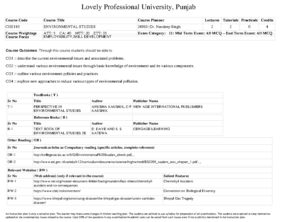 CHE110 Environmental Studies - Lovely Professional University, Punjab ...