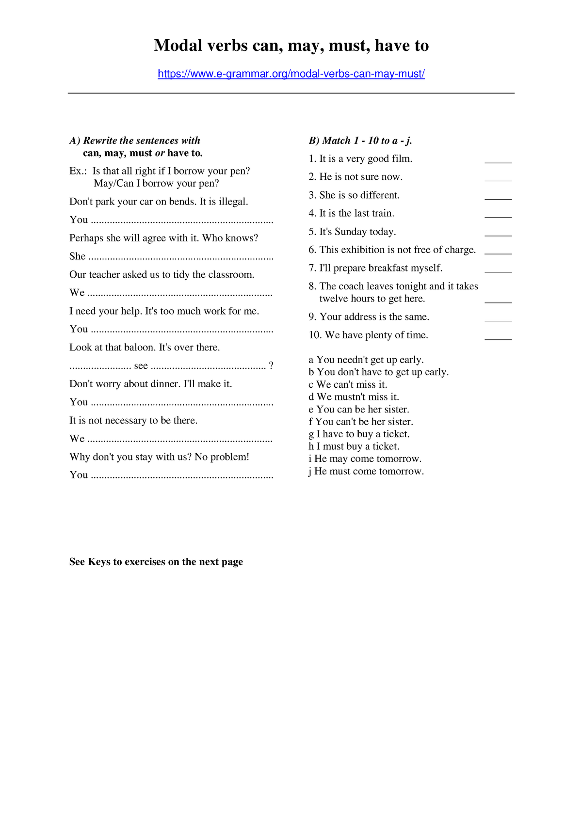 Must or Have to worksheet