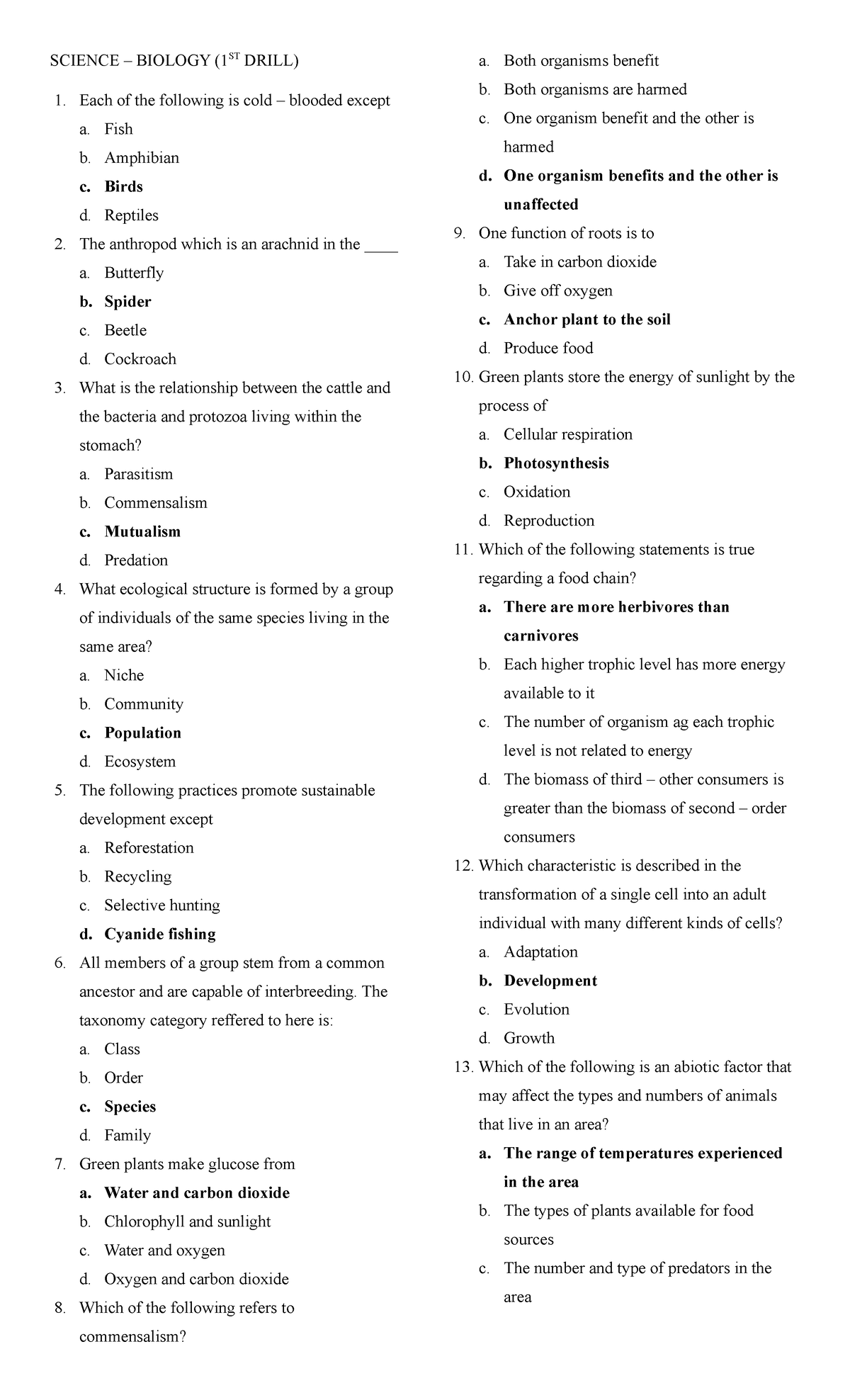 Science Biology - SCIENCE – BIOLOGY (1ST DRILL) Each of the following ...