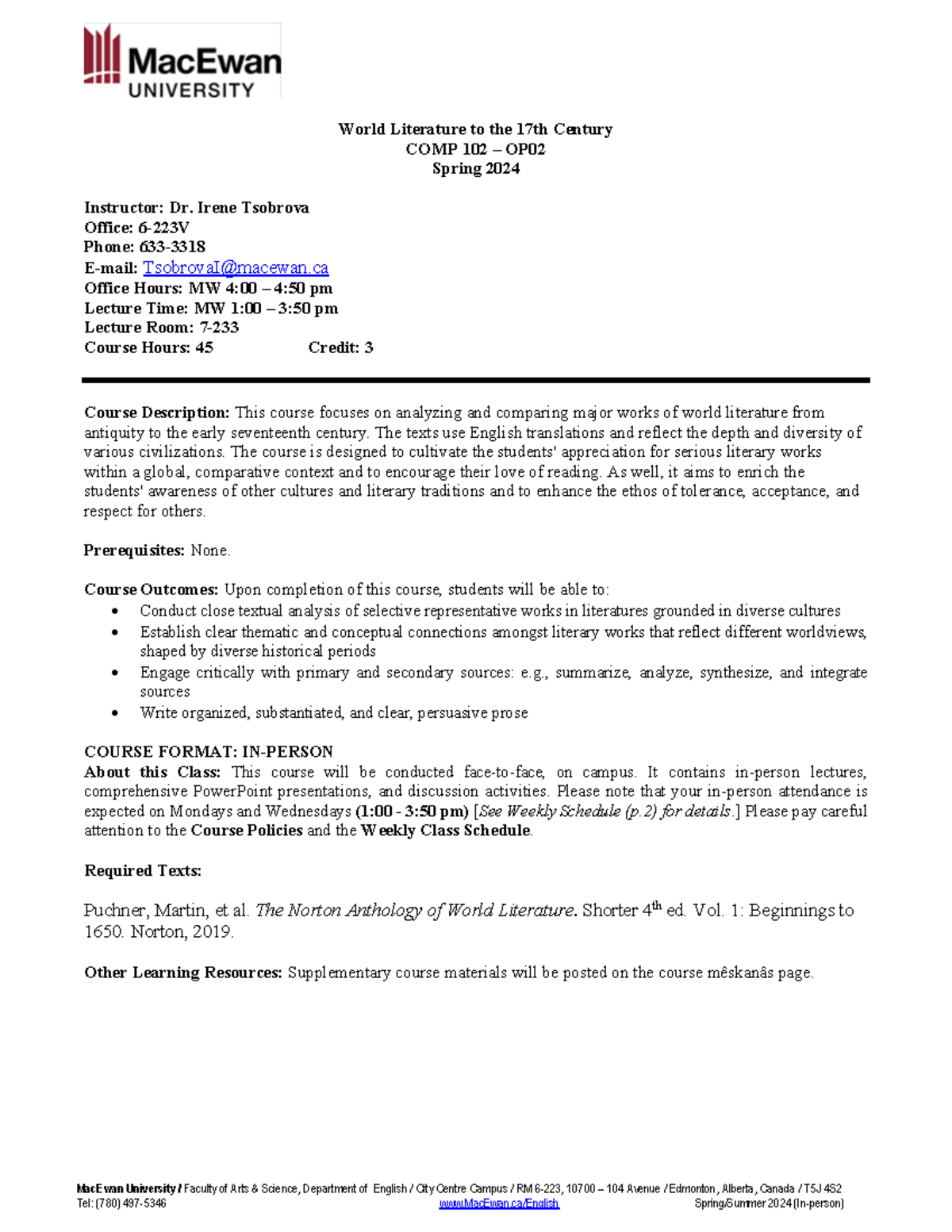 COMP 102 OP02 SP24 Outline MW 1pm - MacEwan University / Faculty of ...