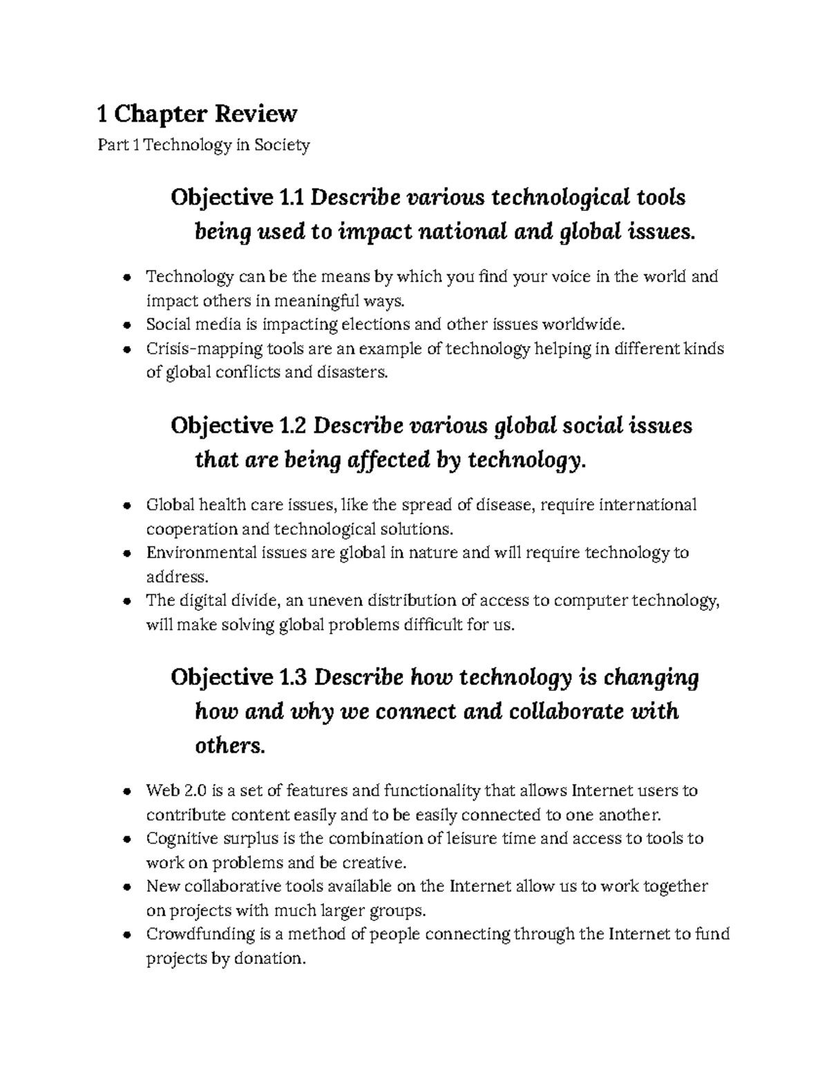 Chapter 1 - 2 - 1 Chapter Review Part 1 Technology in Society Objective ...