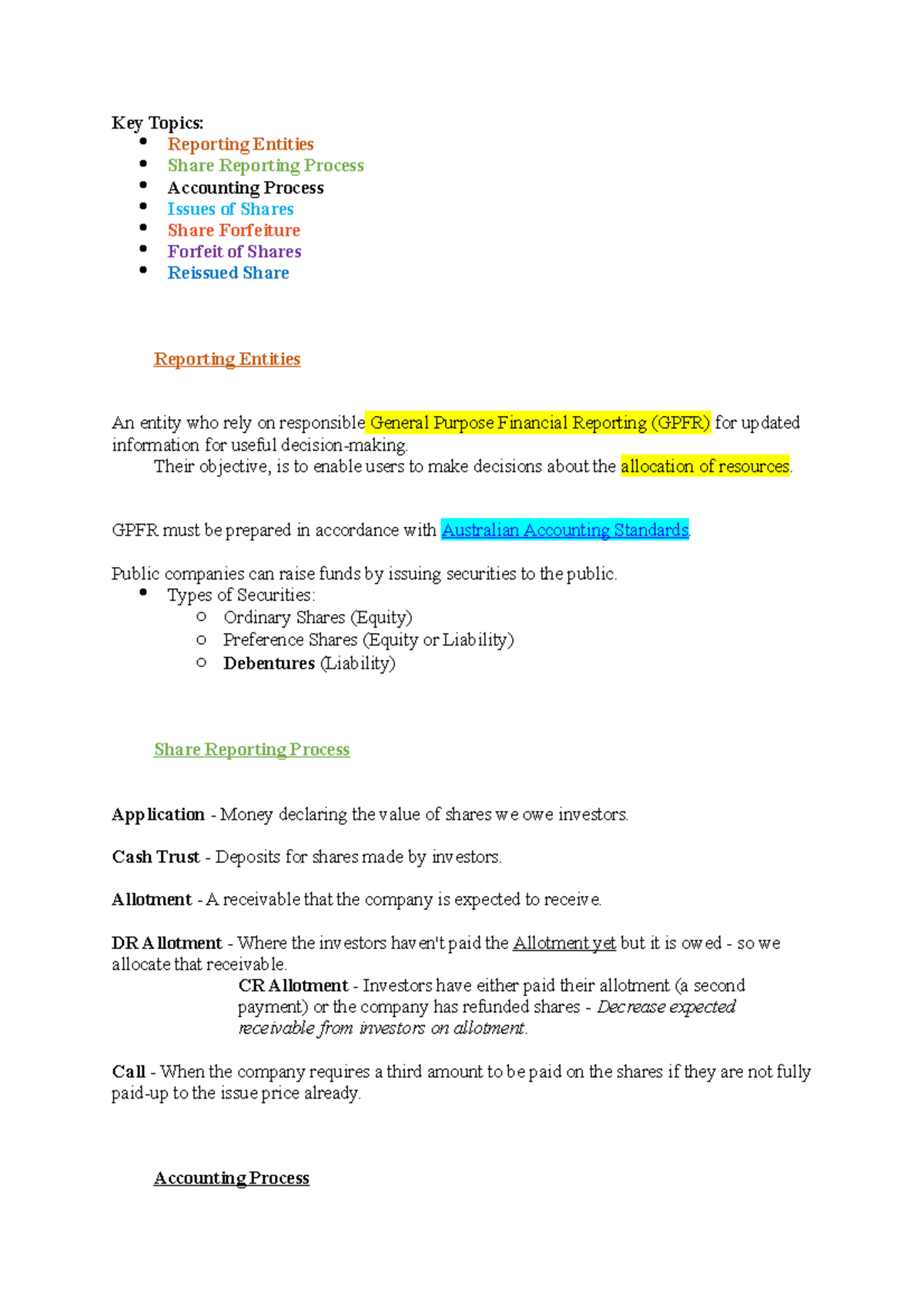 ACC2100 Notes All - Key Topics: Reporting Entities Share Reporting ...