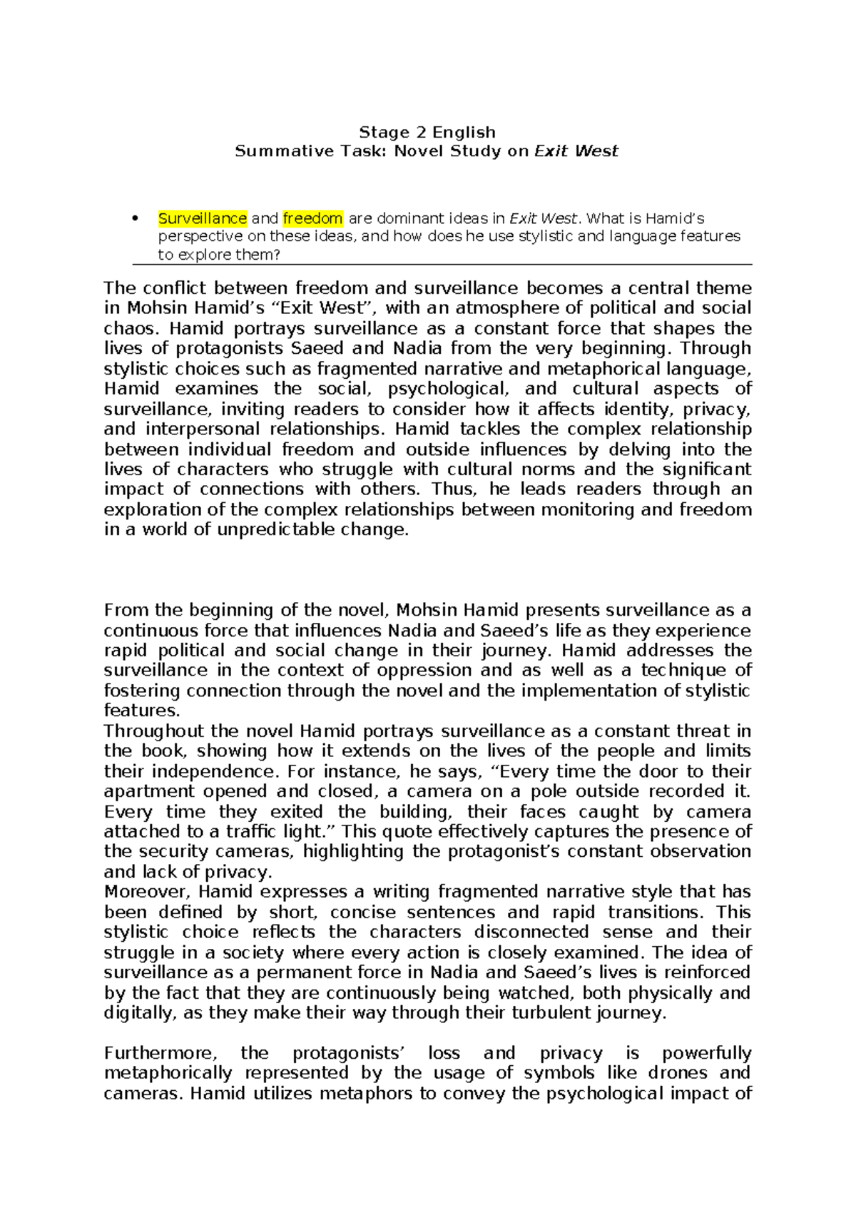 English task 2 Novel response Stage 2 English Summative Task Novel