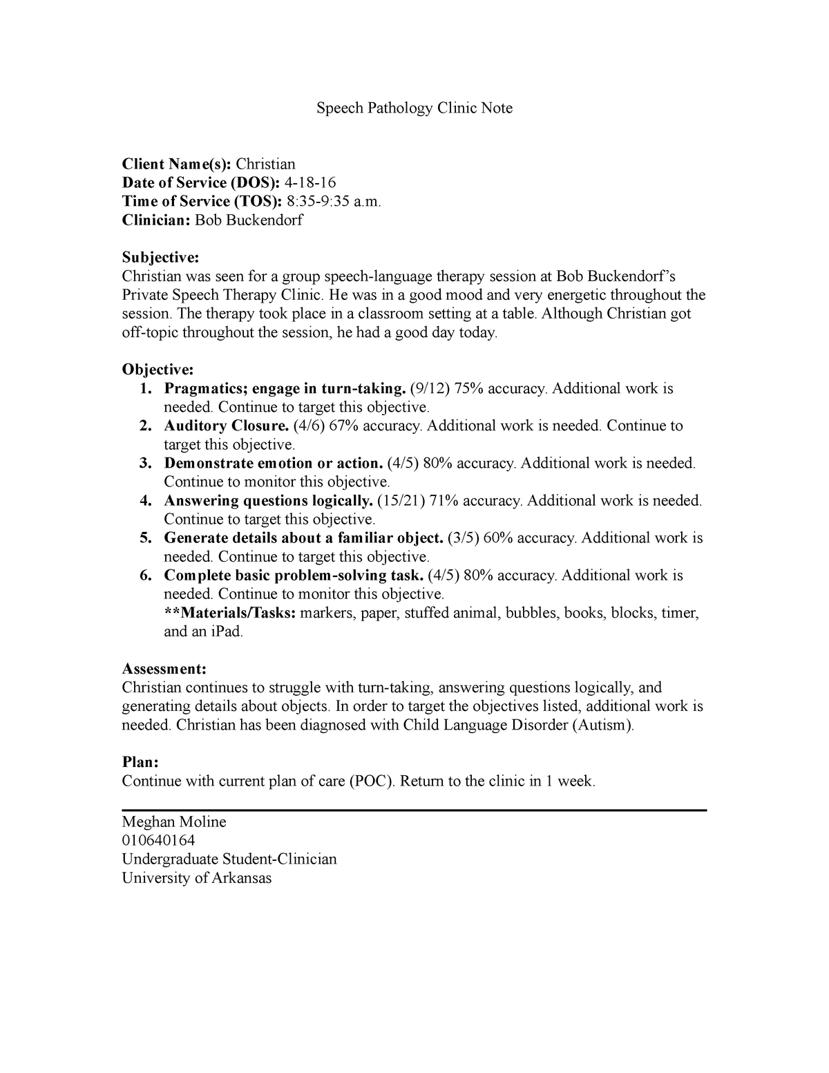 SOAP#21 - Completed SOAP note - Speech Pathology Clinic Note Regarding Speech Therapy Progress Notes Template