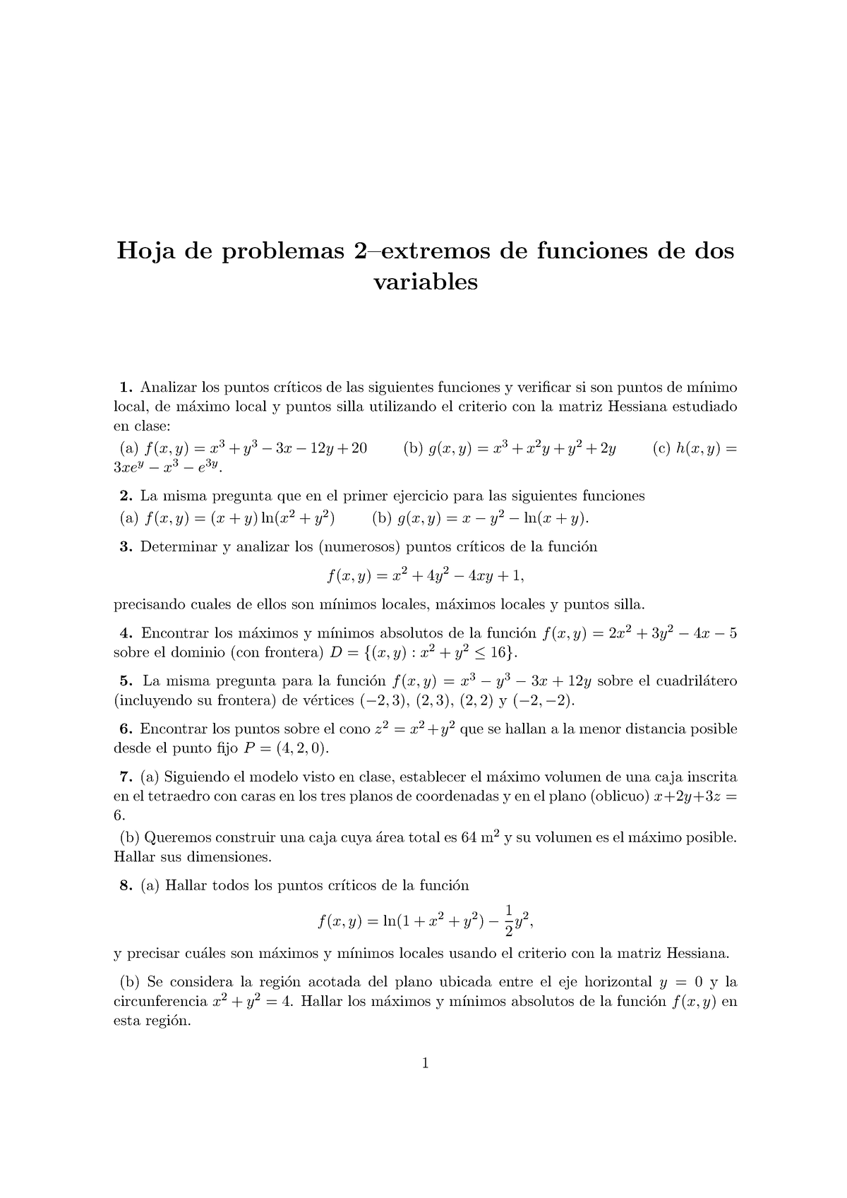 Ejercicios: Extremos De Funciones De Dos Variables - Matemáticas II ...