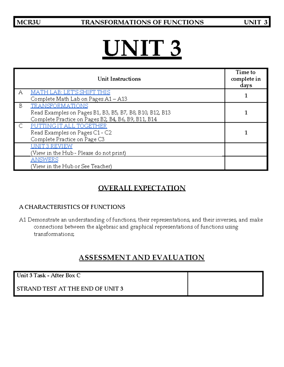 Unit 3 - Functions MCR3U Unit 3 - UNIT 3 Unit Instructions Time to ...