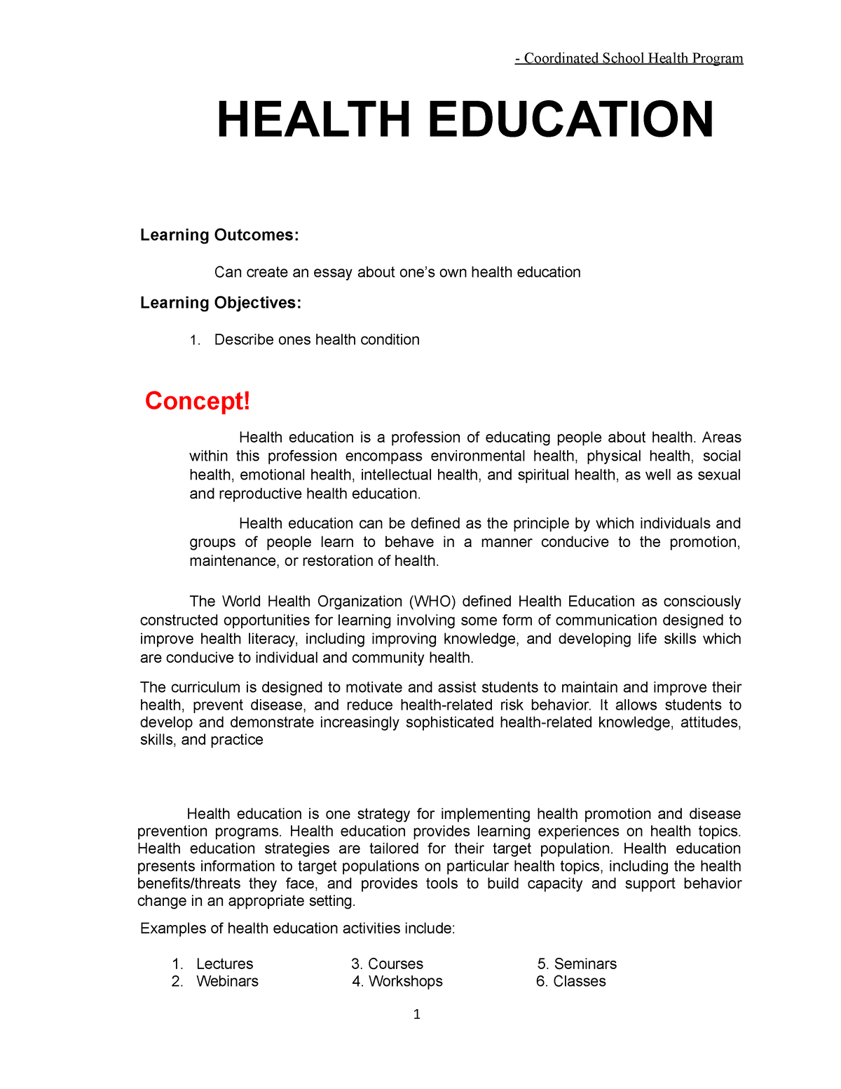 purpose of health education to patient essay