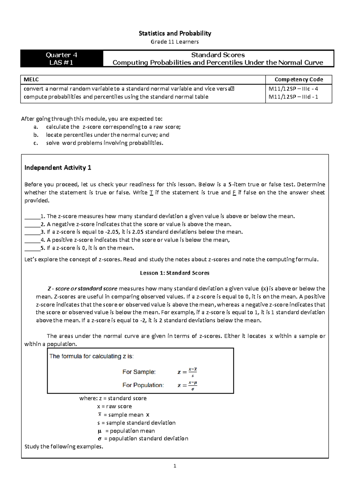 Statistics and Probability Q4 LAS 1 - Statistics and Probability Grade ...