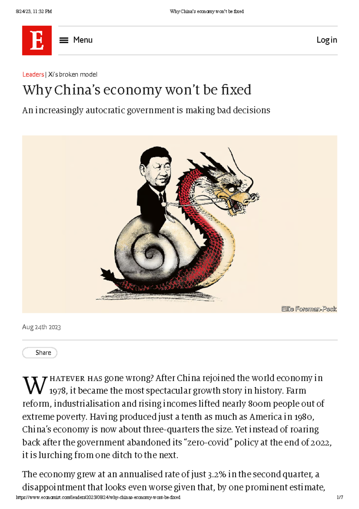 Xi's failing model: Why he won't fix China's economy, Aug 26th 2023