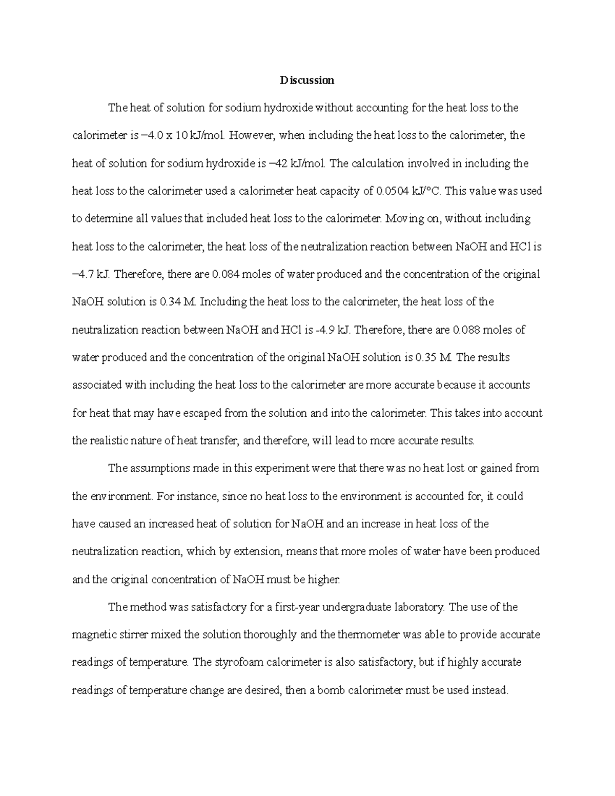 CHEM 123L Experiment 2 Calorimetry Discussion Discussion The heat