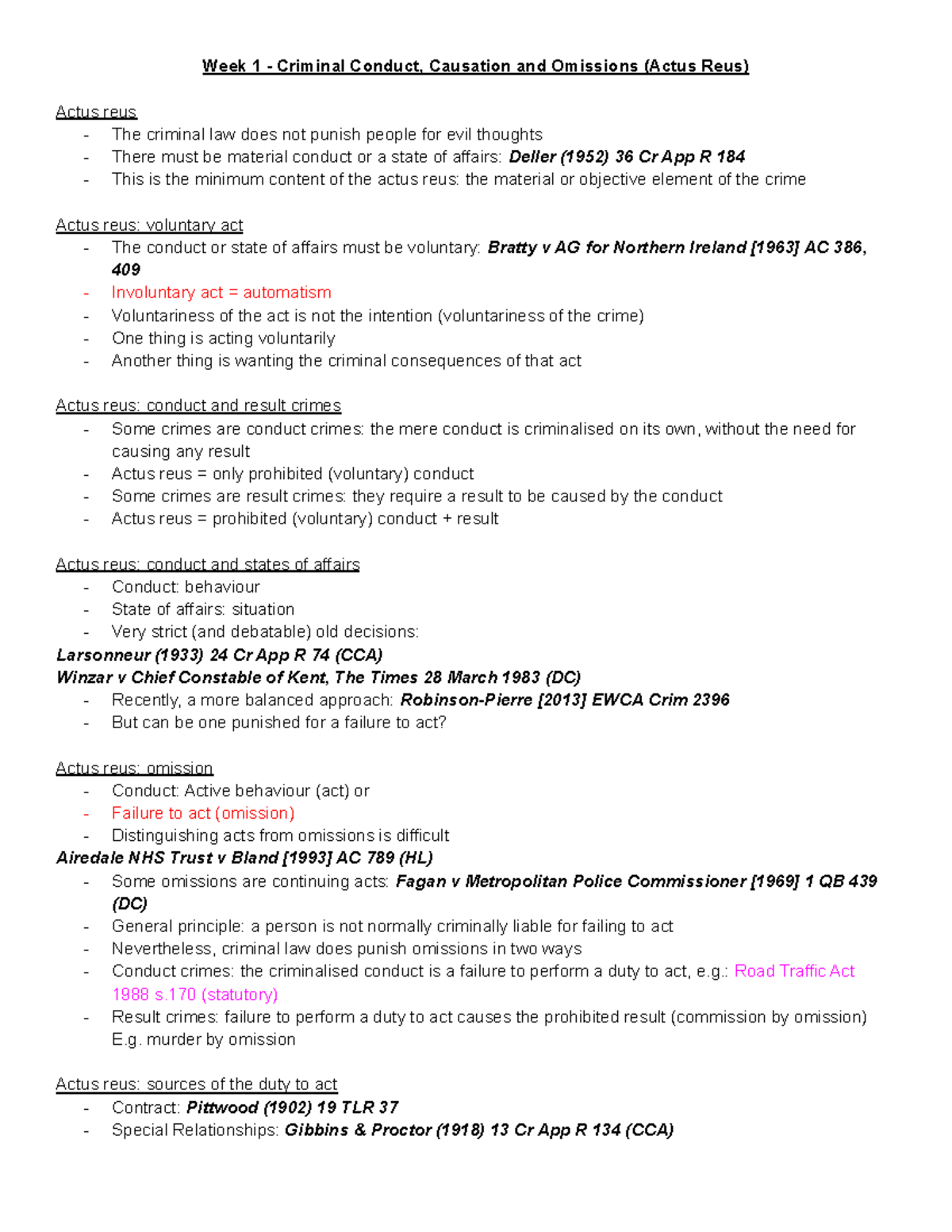 Criminal Law Lecture Notes - Week 1 - Criminal Conduct, Causation And ...