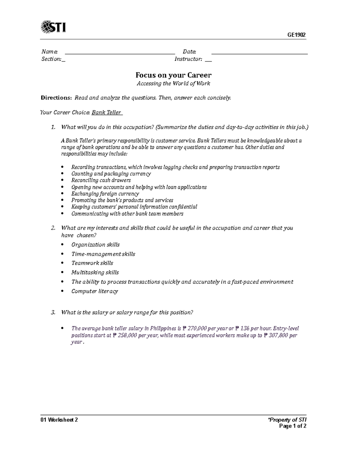 01-Worksheet-2 - Copy EUTH - Name: Date: Section: Instructor: Focus on ...